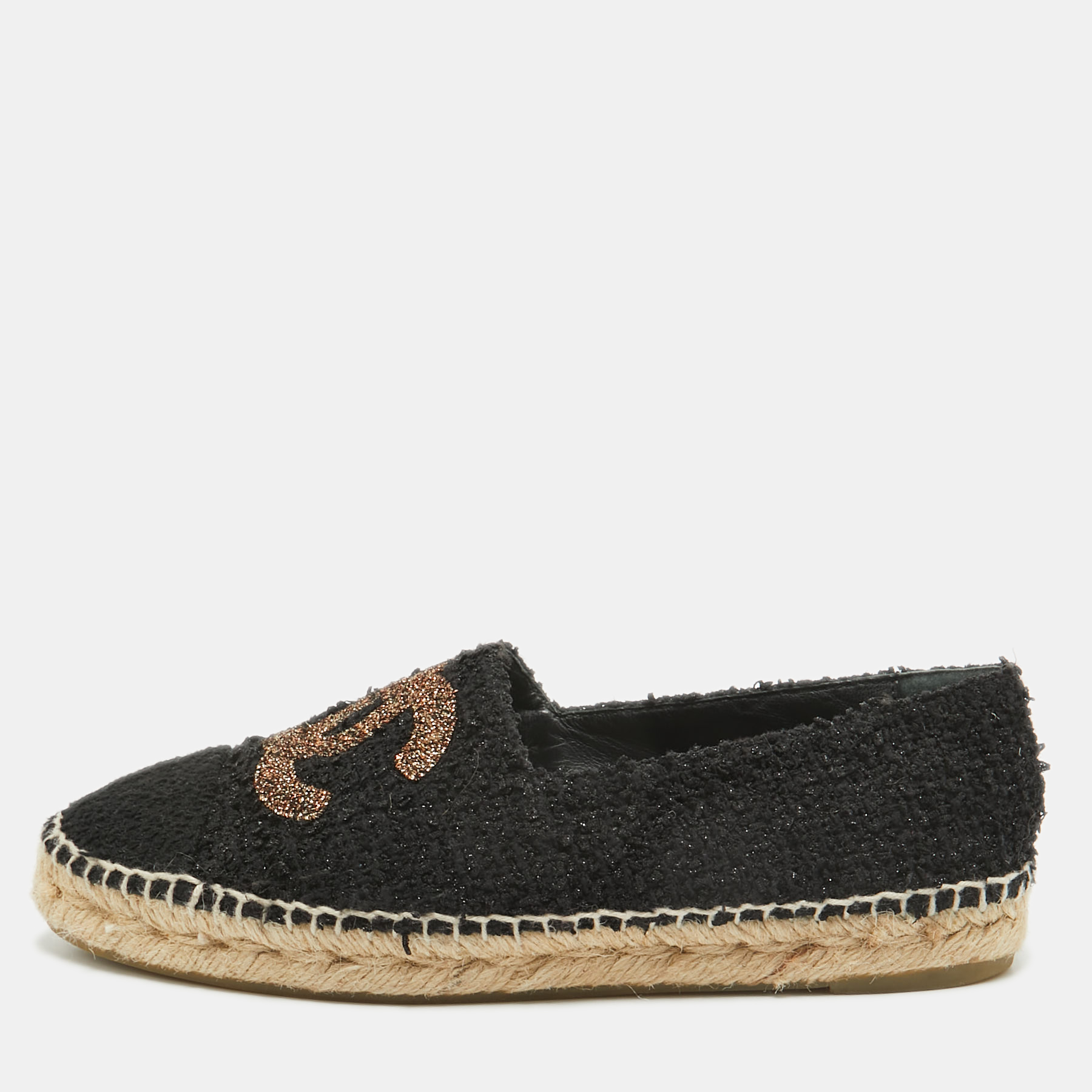 

Chanel Black Tweed CC Espadrille Flats Size