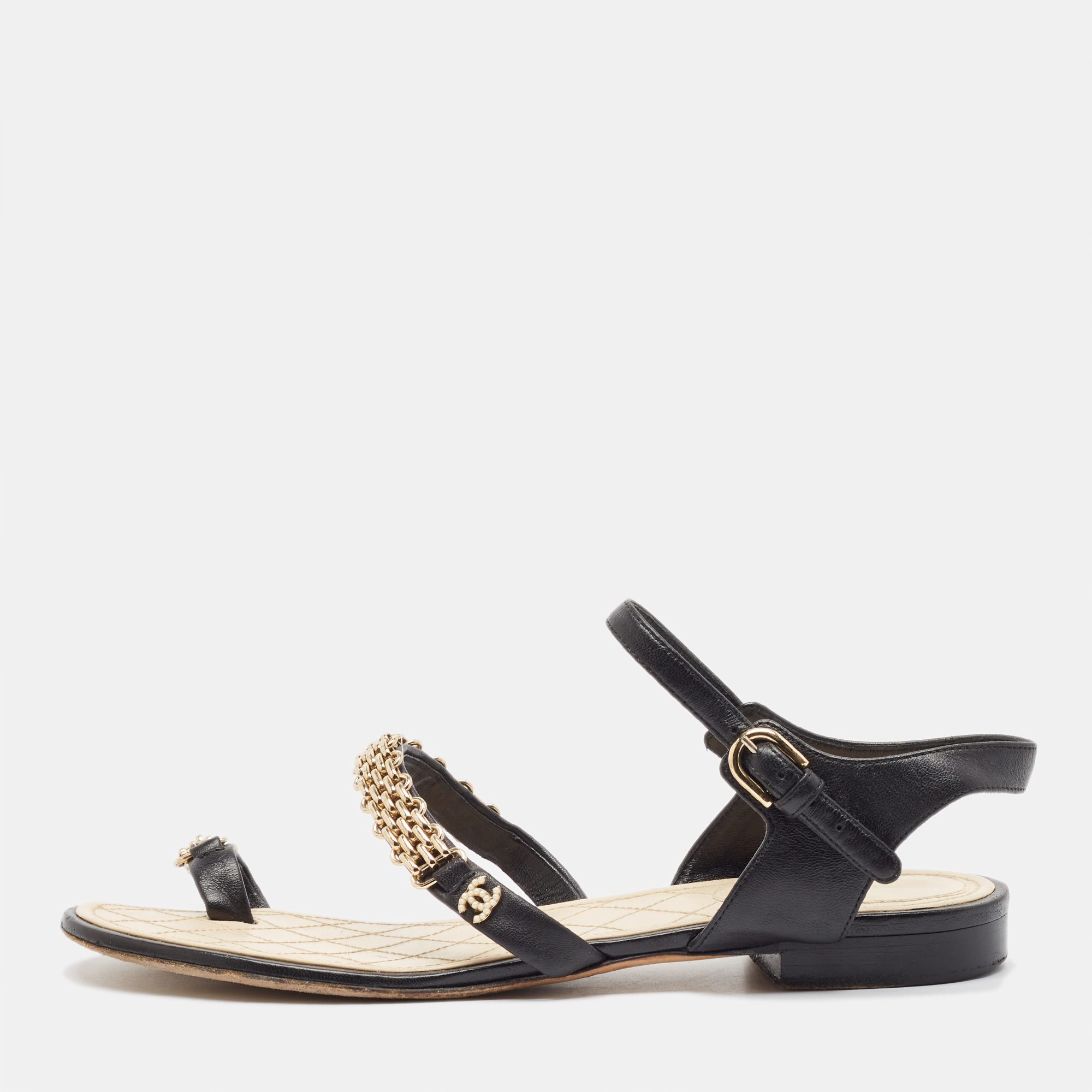 

Chanel Black Leather CC Chain Detail Ankle Strap Flat Sandals Size