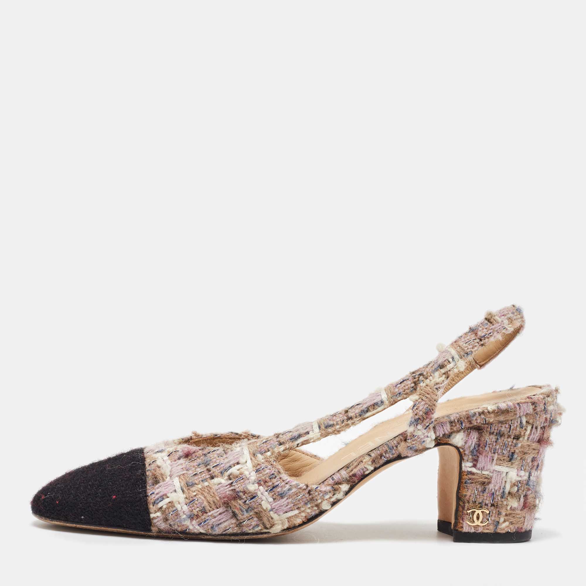 

Chanel Multicolor Tweed CC Cap Toe Slingback Pumps Size