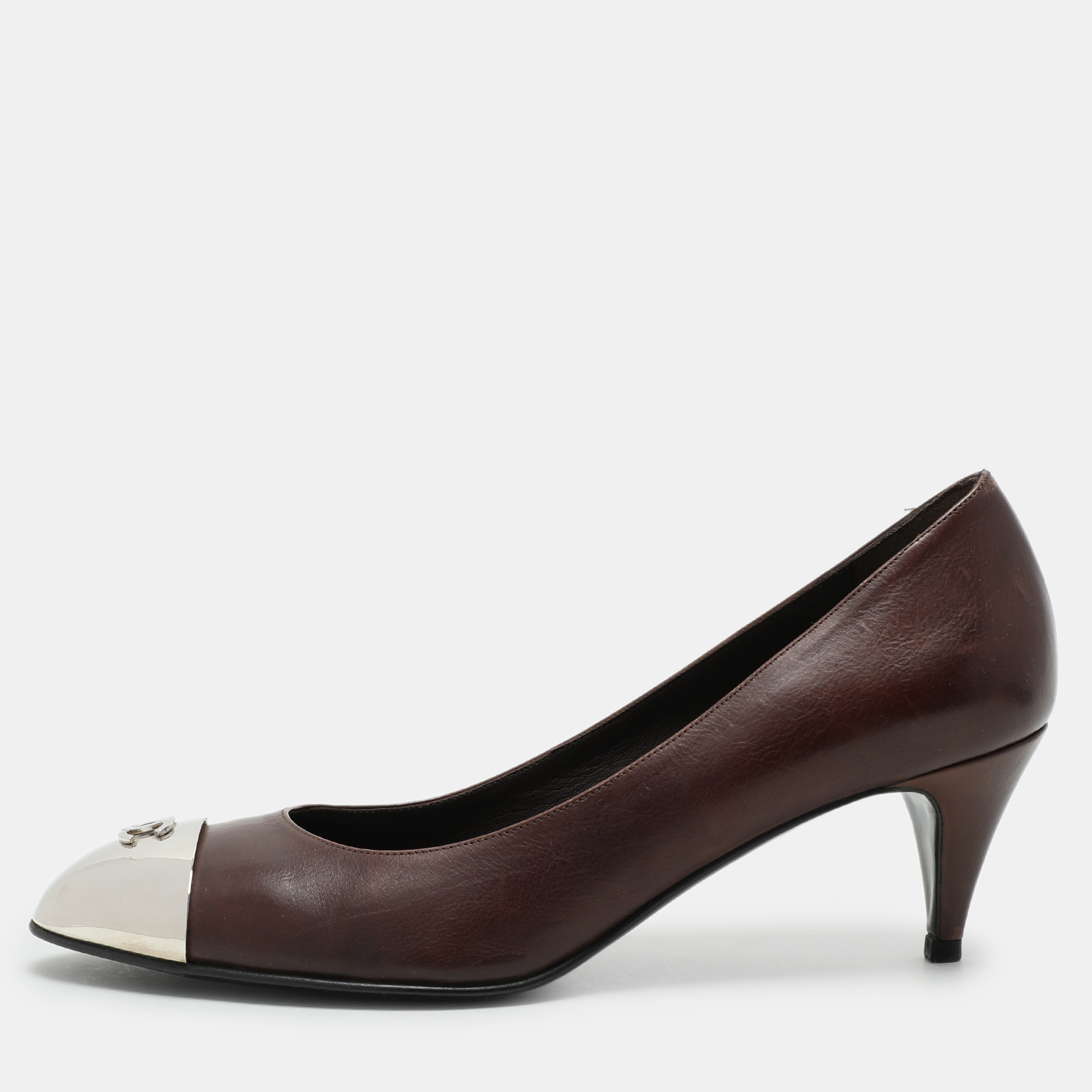 

Chanel Brown Leather CC Metal Cap Toe Pumps Size