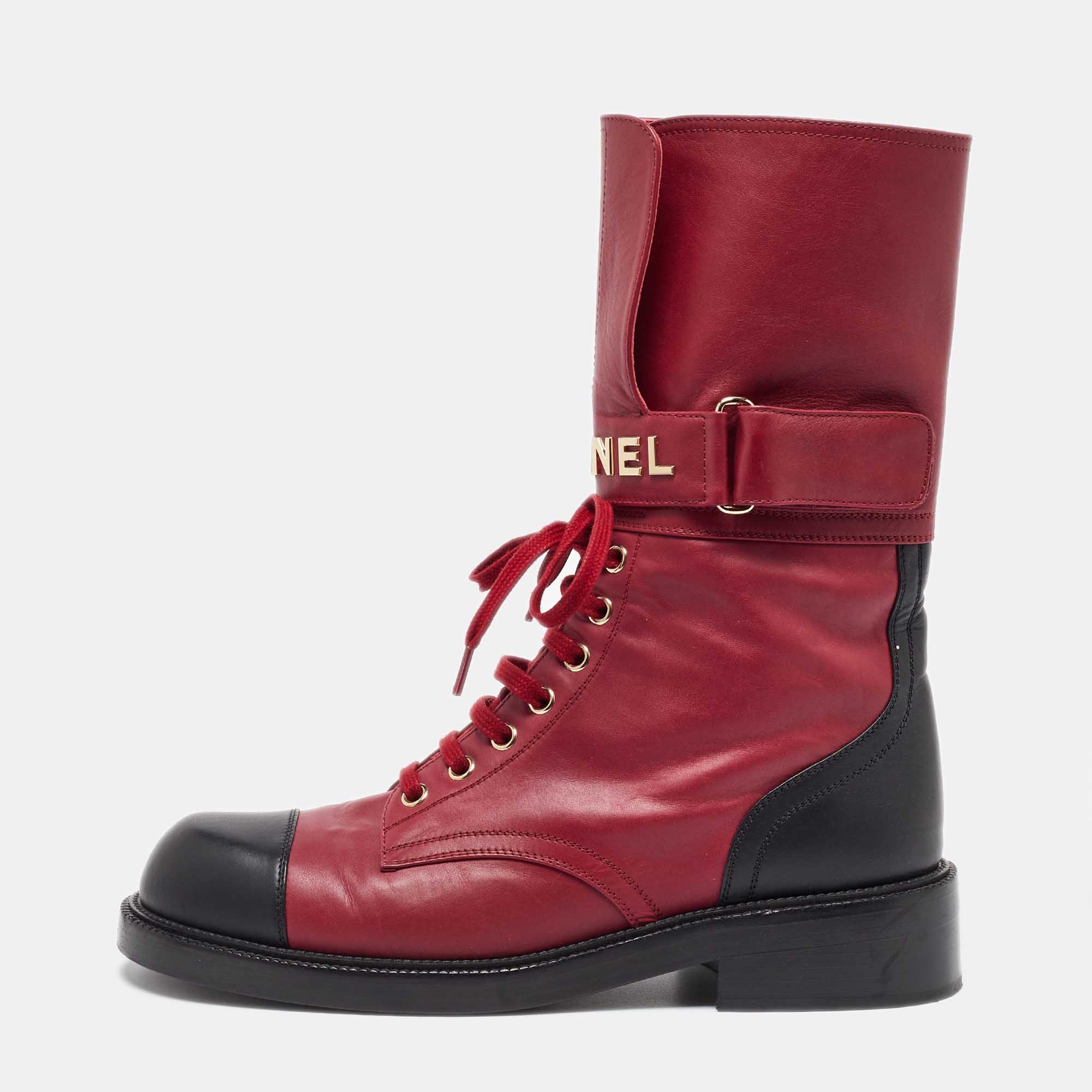 

Chanel Red/Black Leather Combat Boots Size