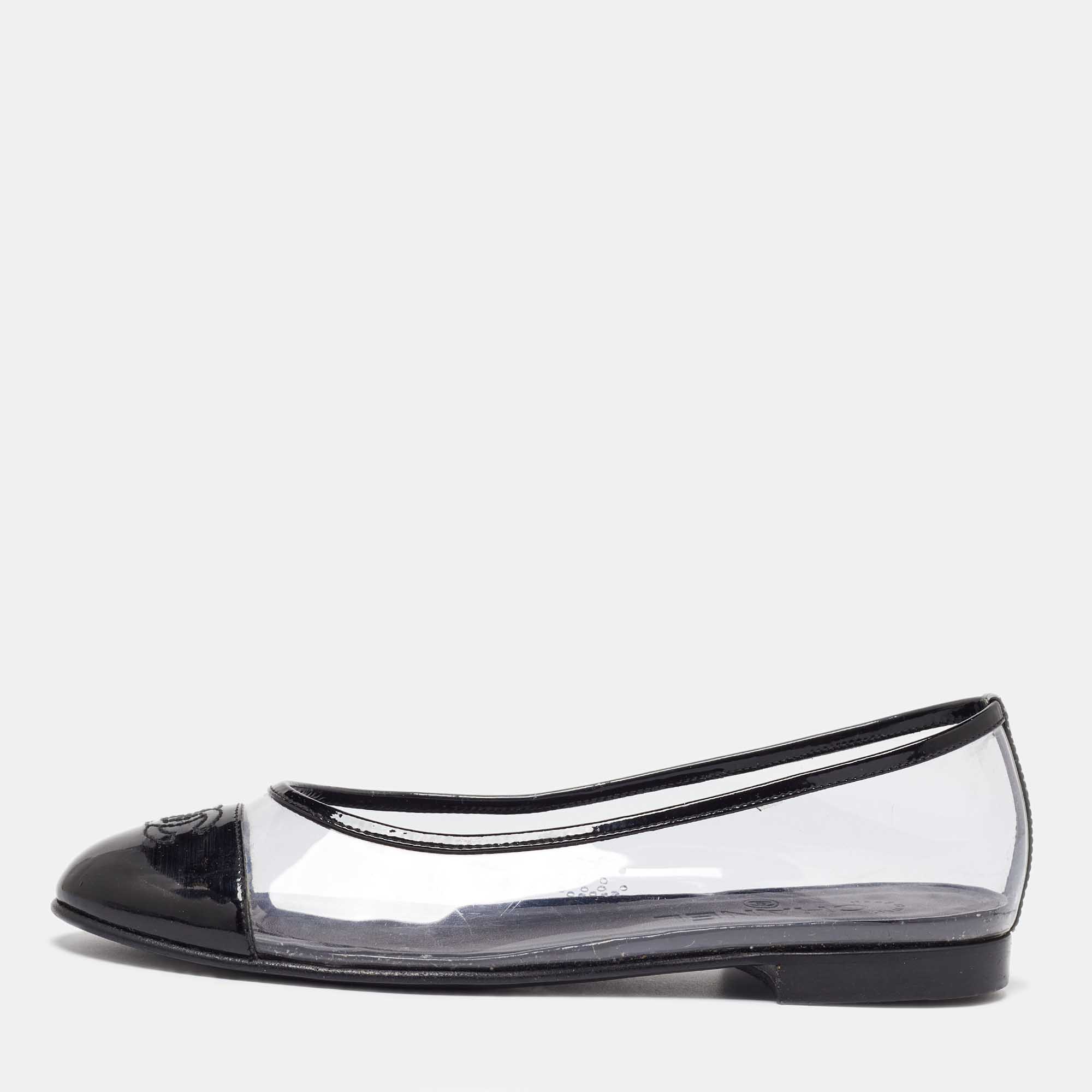 Pre-owned Chanel Transparent Patent Leather And Pvc Ballet Flats Size 37.5