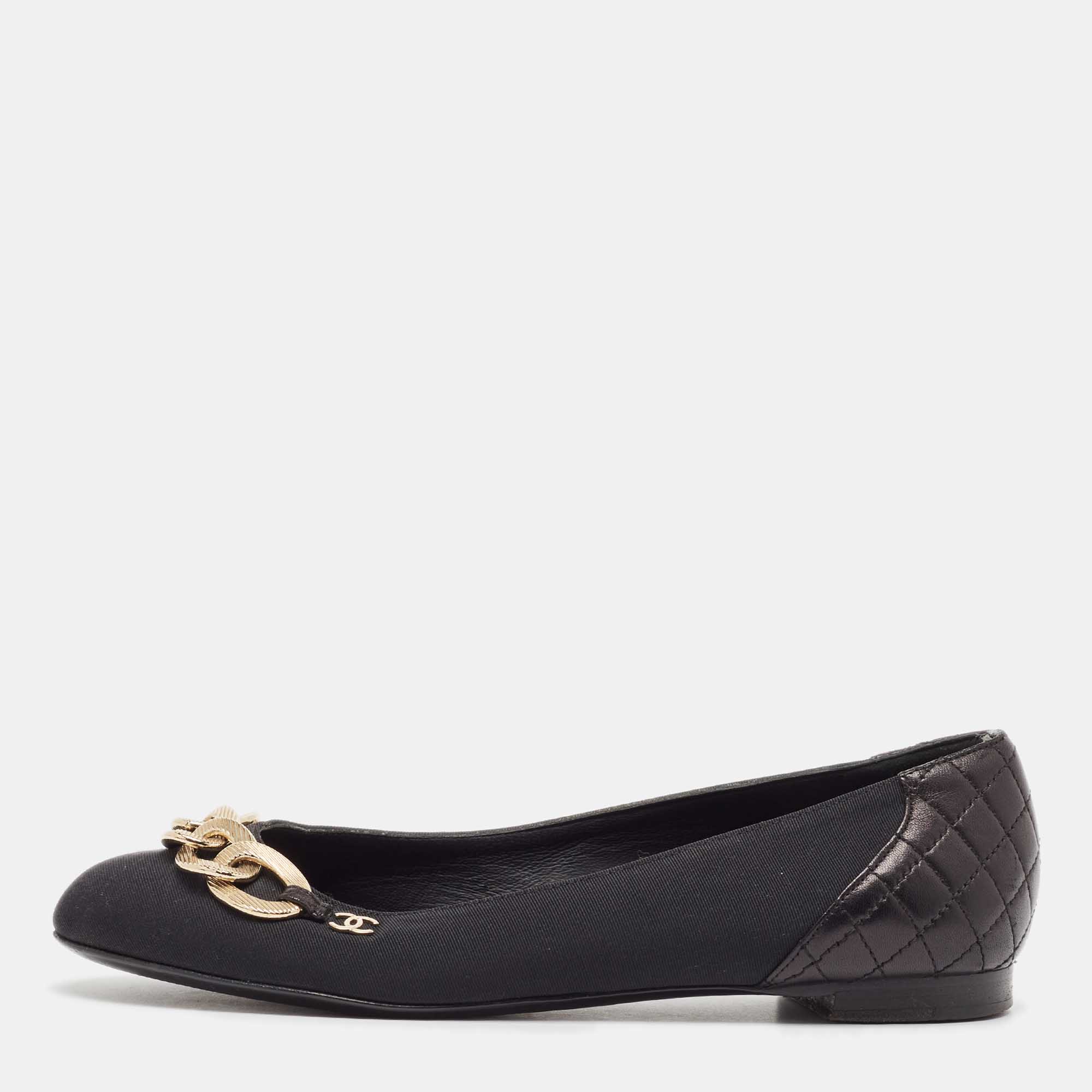 

Chanel Black Fabric and Quilted Leather CC Chain Detail Ballet Flats Size