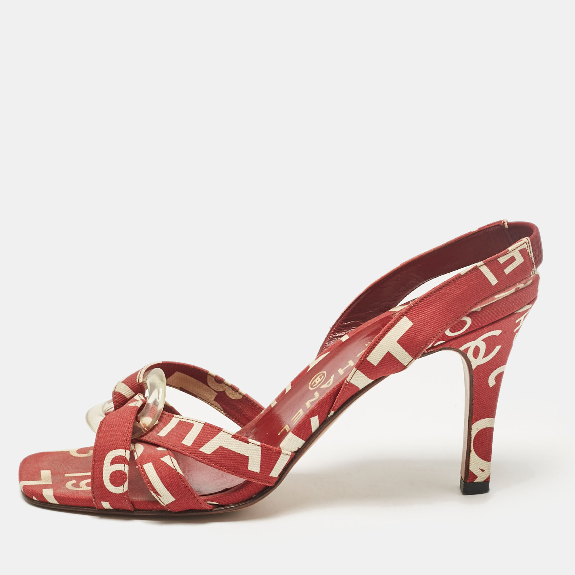 

Chanel Red/White Canvas Ankle Strap Sandals Size