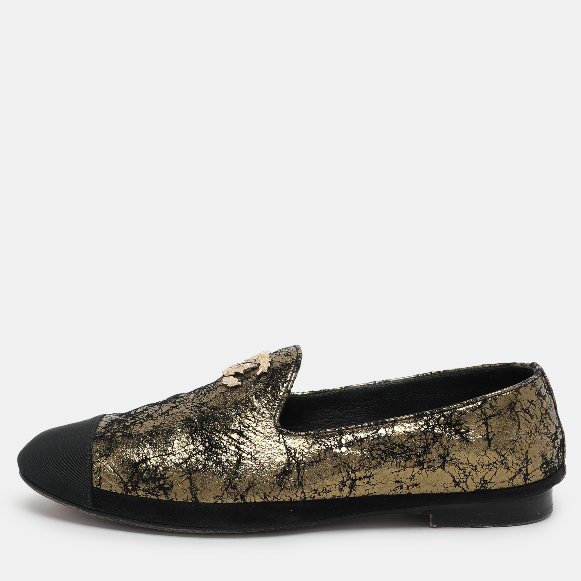 

Chanel Gold/Black Printed Suede and Fabric CC Cap Toe Loafers Size