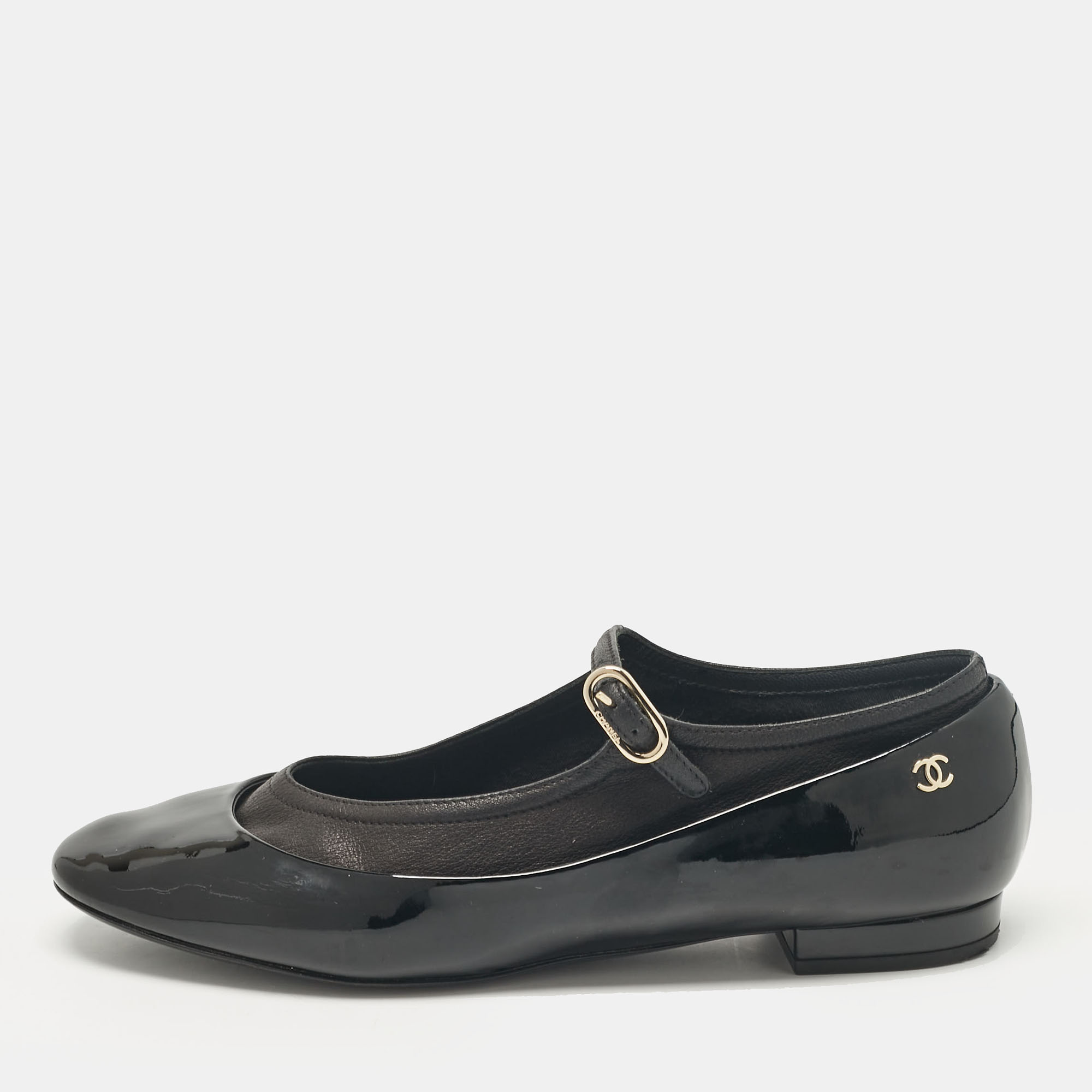 

Chanel Black Leather Patent and Leather Ballet Flats Size