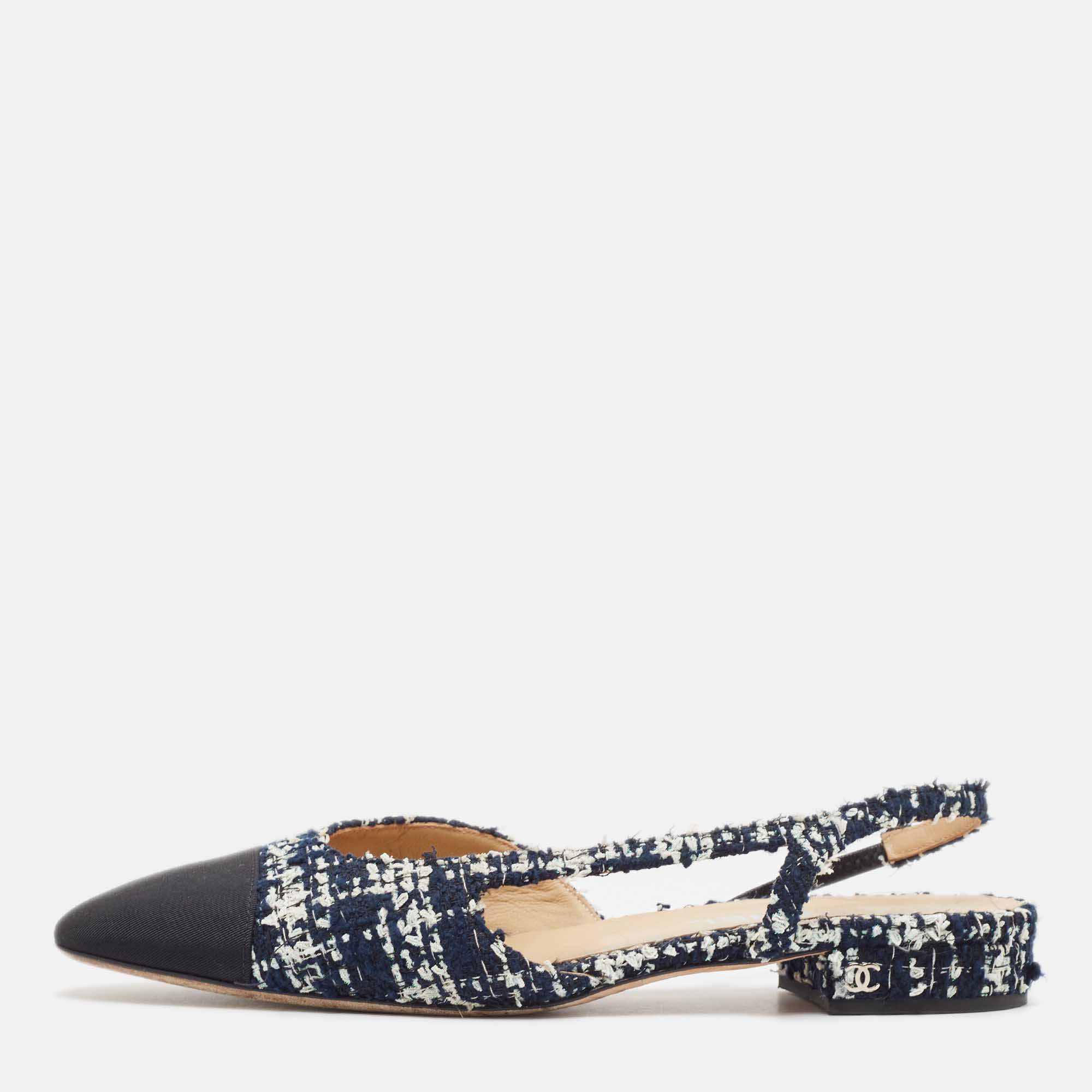 

Chanel Navy Blue Tweed and Grosgrain Cap Toe Slingback Flats Size