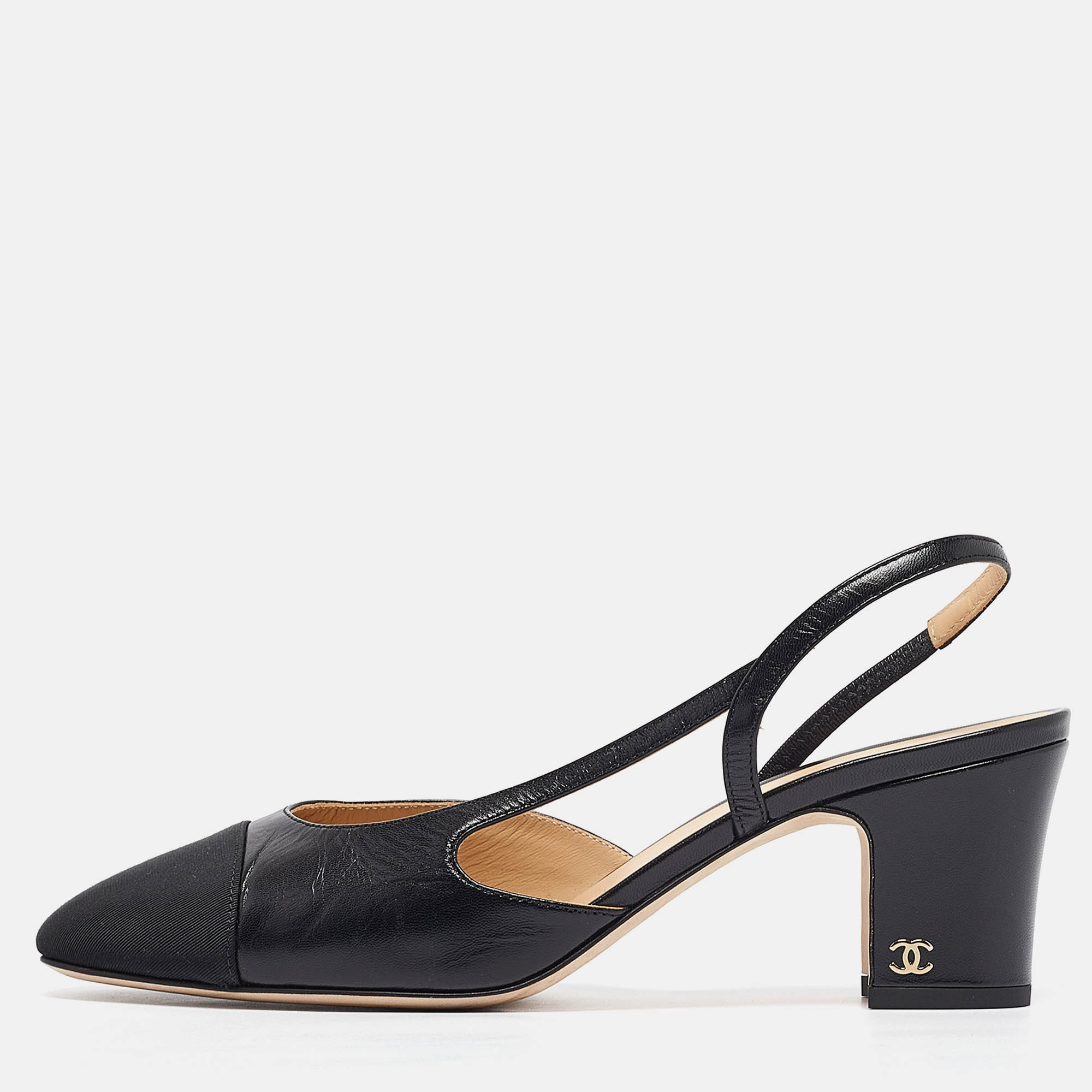 

Chanel Black Leather and Canvas CC Slingback Pumps Size