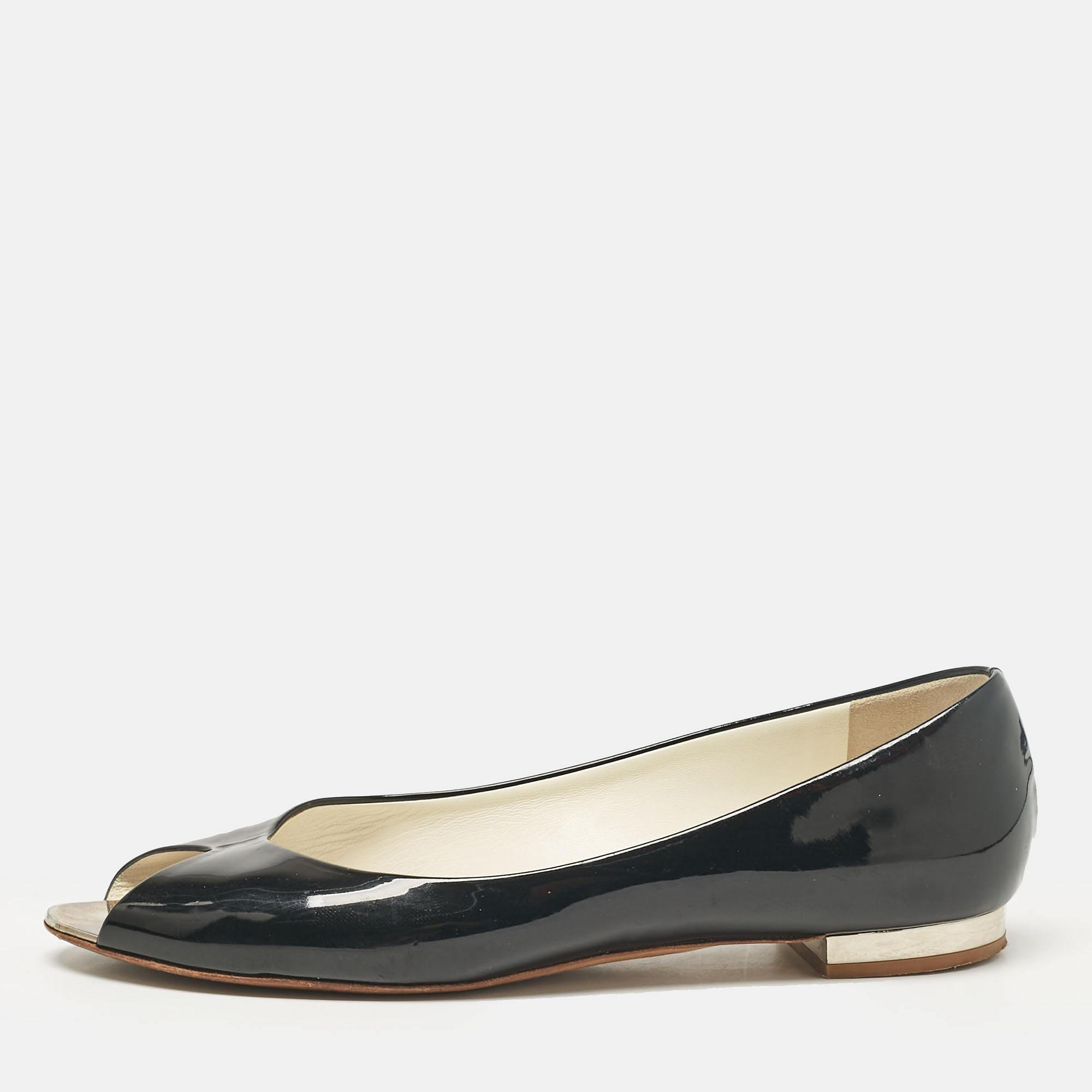 

Chanel Black Patent Leather CC Peep Toe Flats Size