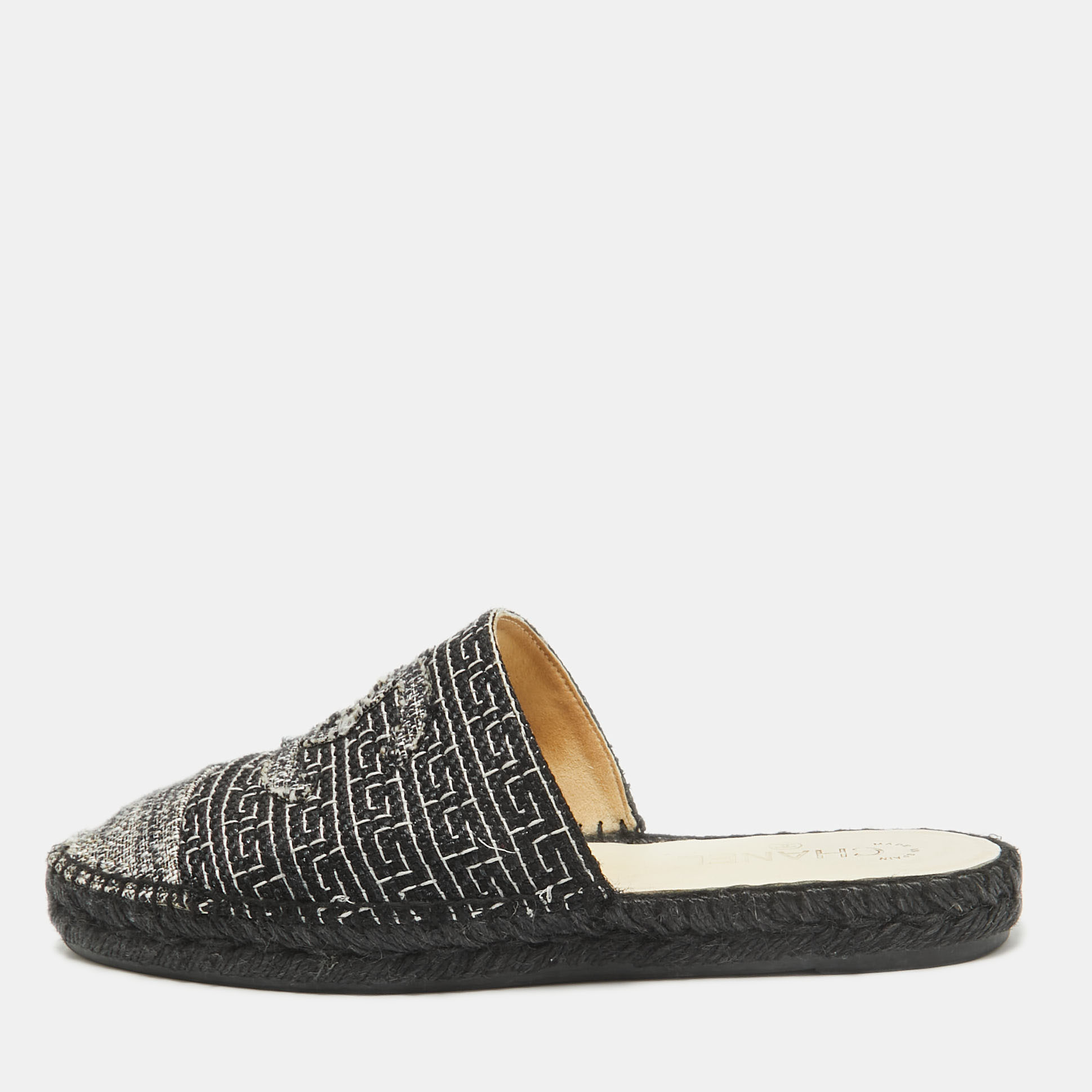 

Chanel Black Tweed CC Espadrille Mules Size