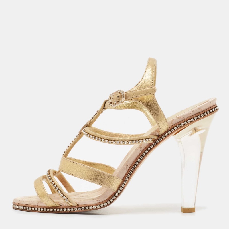 

Chanel Gold Textured Suede Crystal Embellished CC Strappy Sandals Size