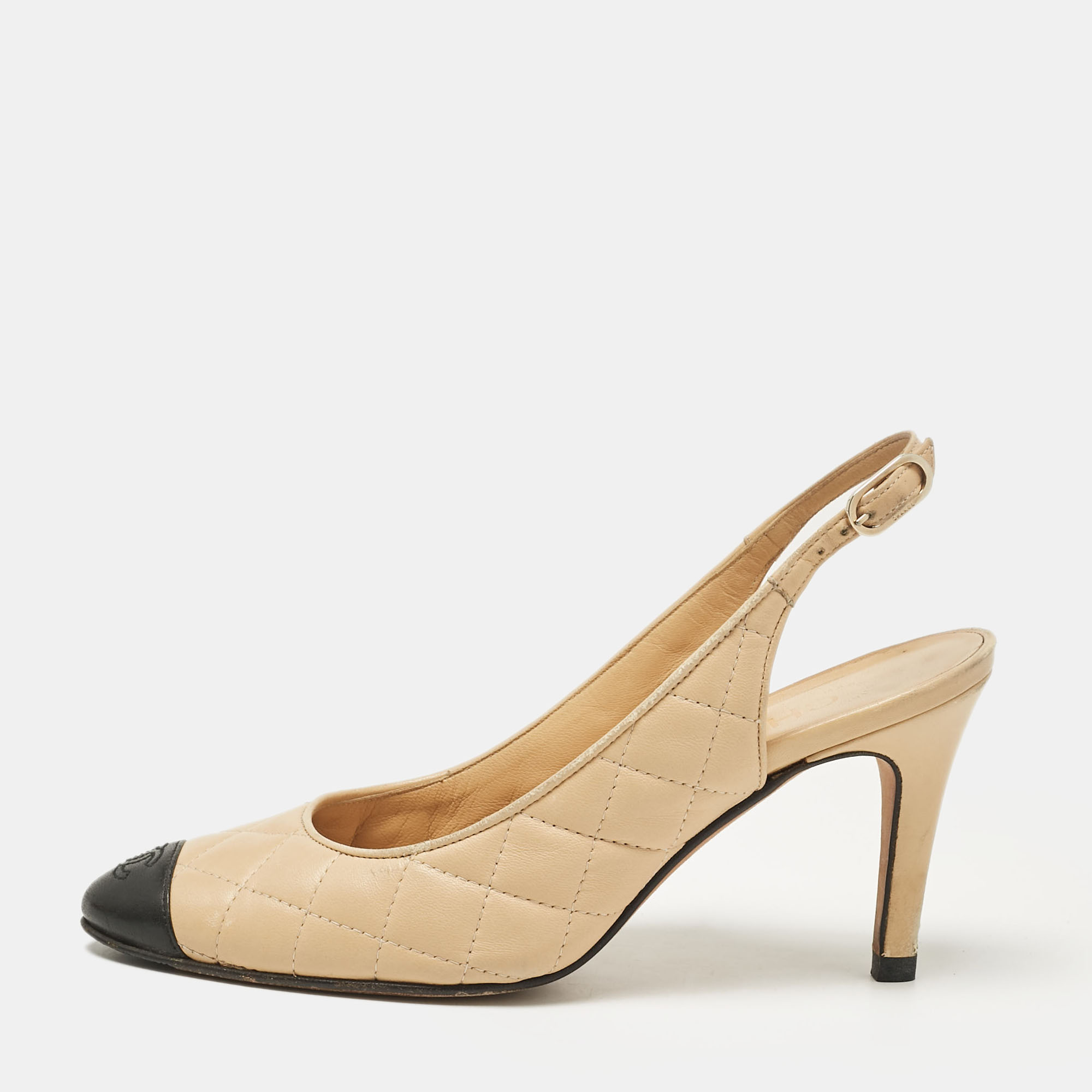 

Chanel Beige/Black Leather Slingback Pumps Size