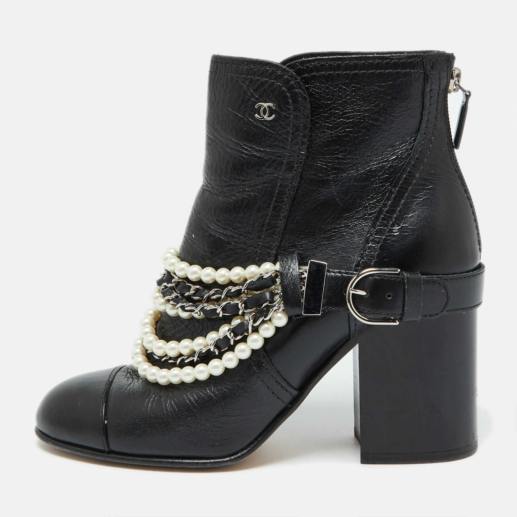 

Chanel Black Leather Pearl Embellished Ankle Length Boots Size