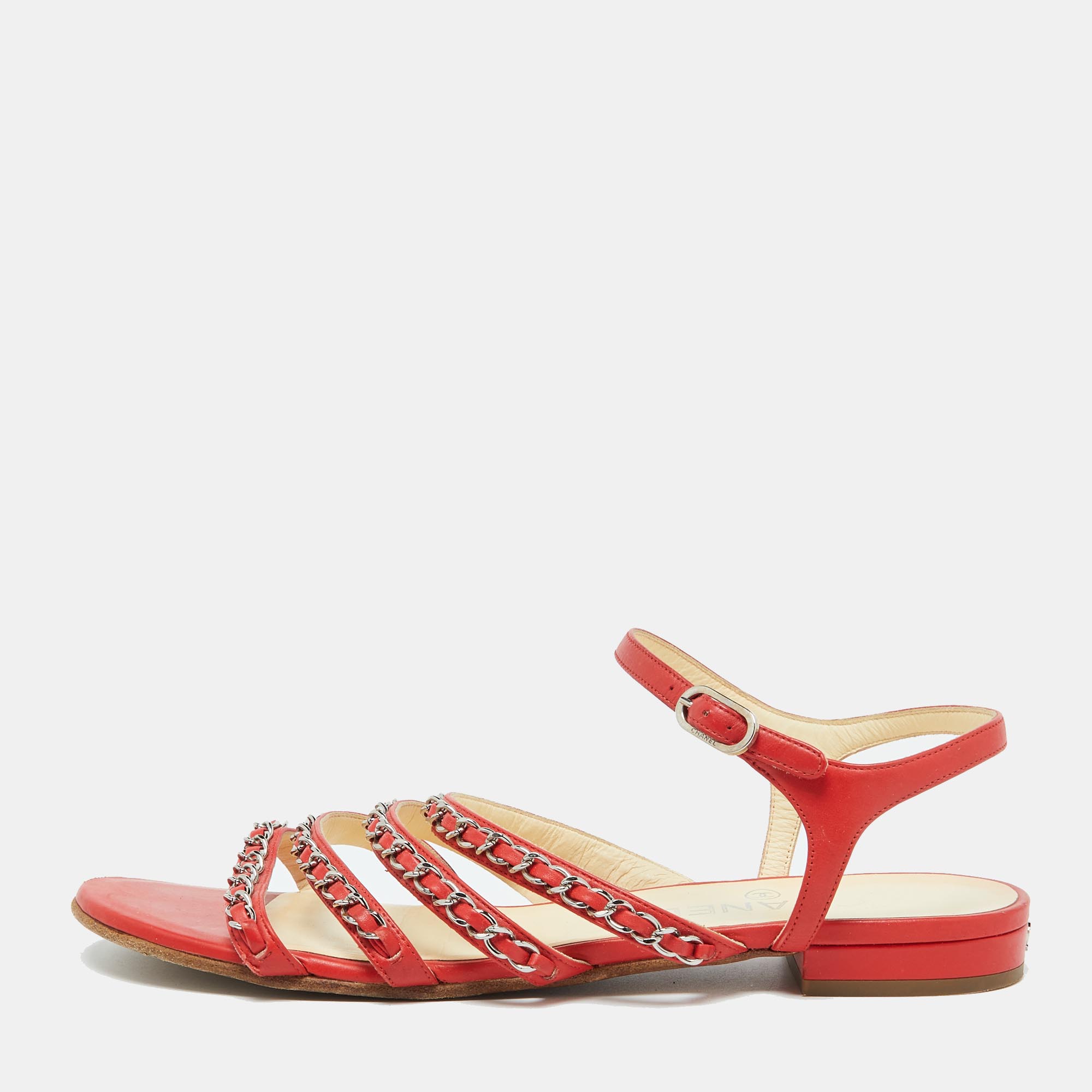 

Chanel Red Leather Chain Link Detail Strappy Flat Sandals Size