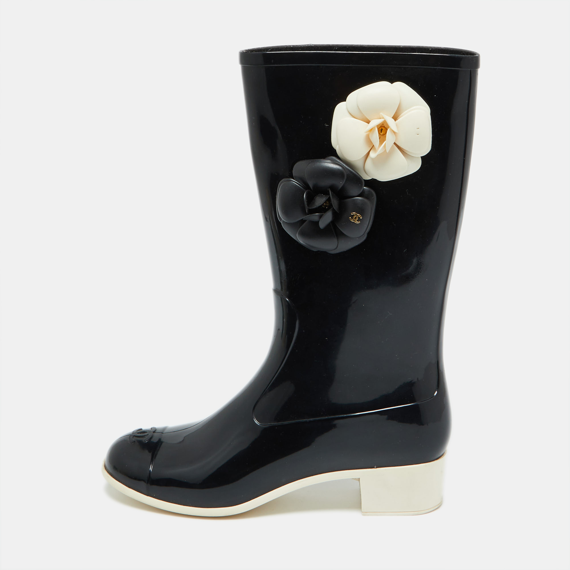 

Chanel Black Rubber Camellia Embellished CC Rain Boots Size