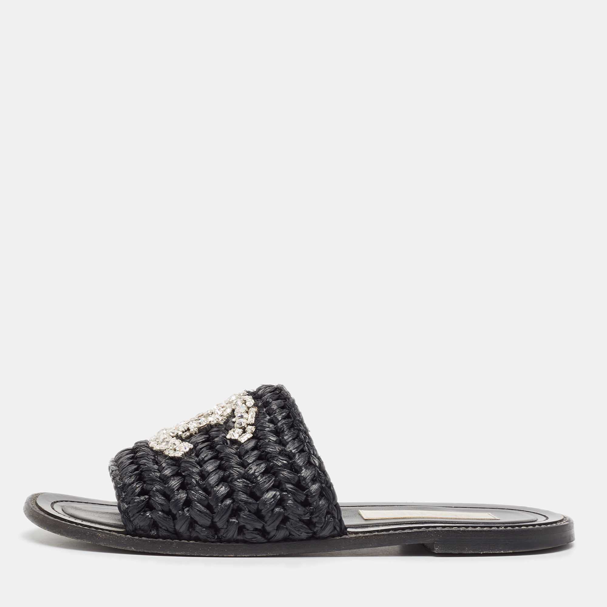 

Chanel Black Braided Raffia Crystal Embellished CC Flat Slides Size