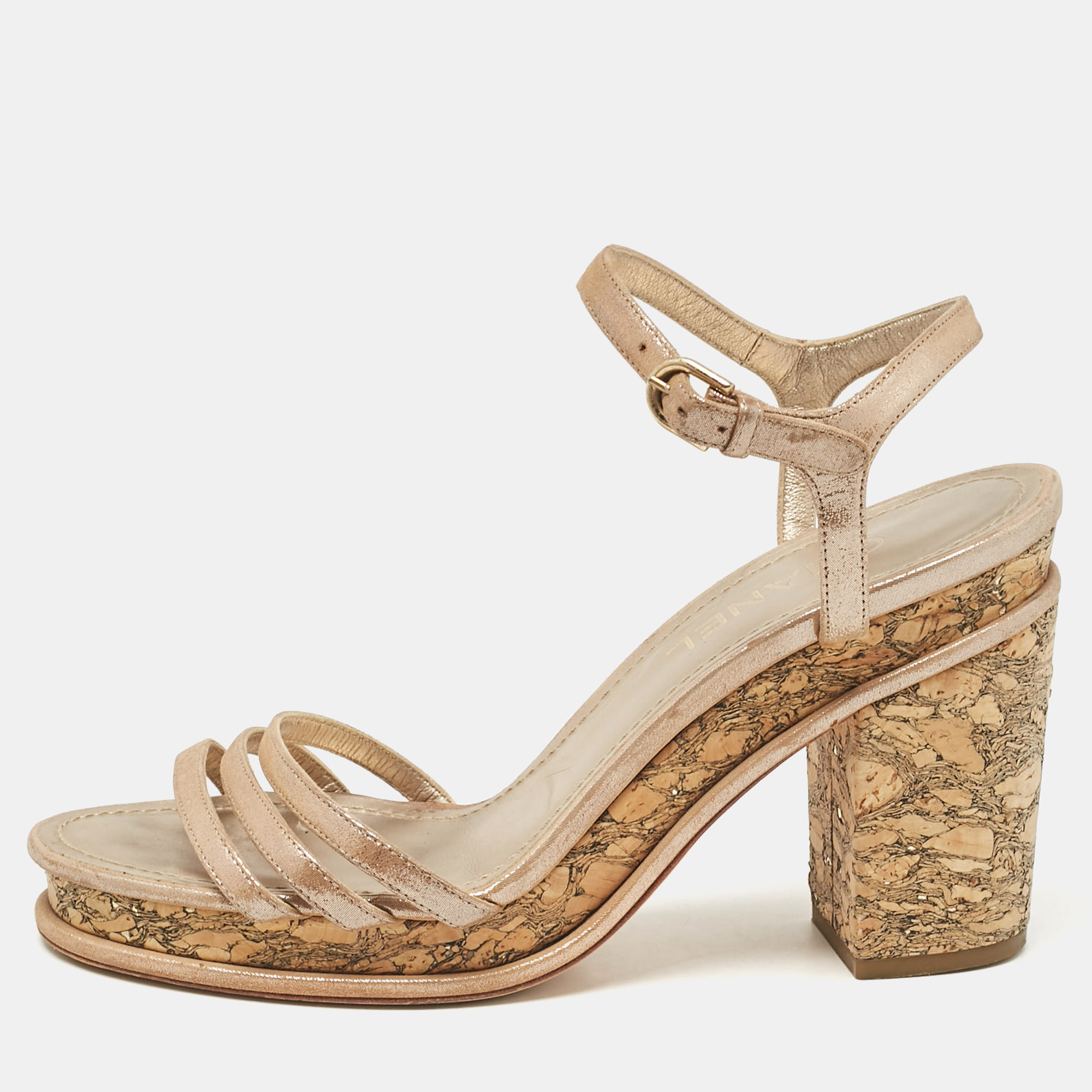 Pre-owned Chanel Gold Leather Ankle Strap Sandals Size 40