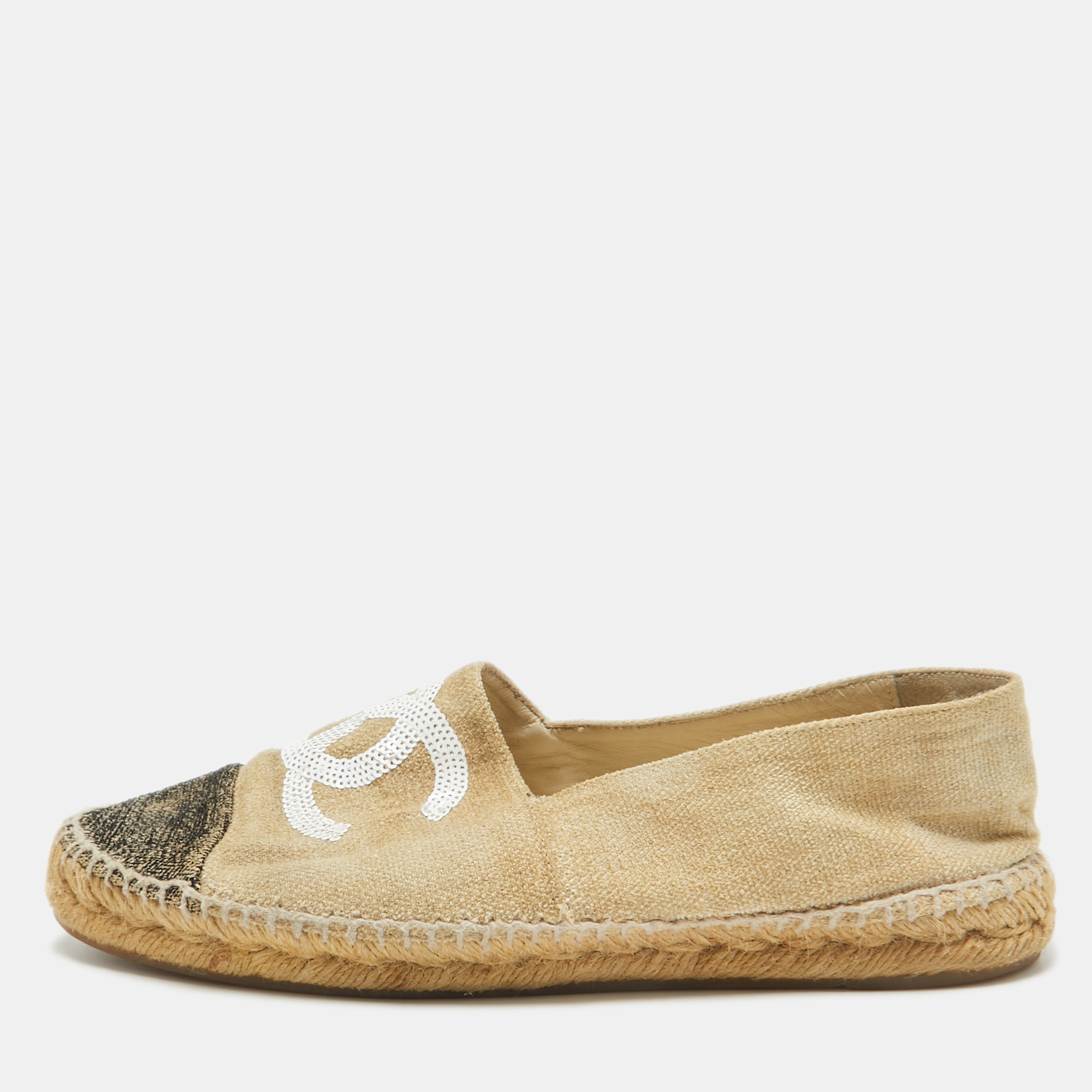 

Chanel Beige Raffia CC Cap Toe Espadrille Flats Size