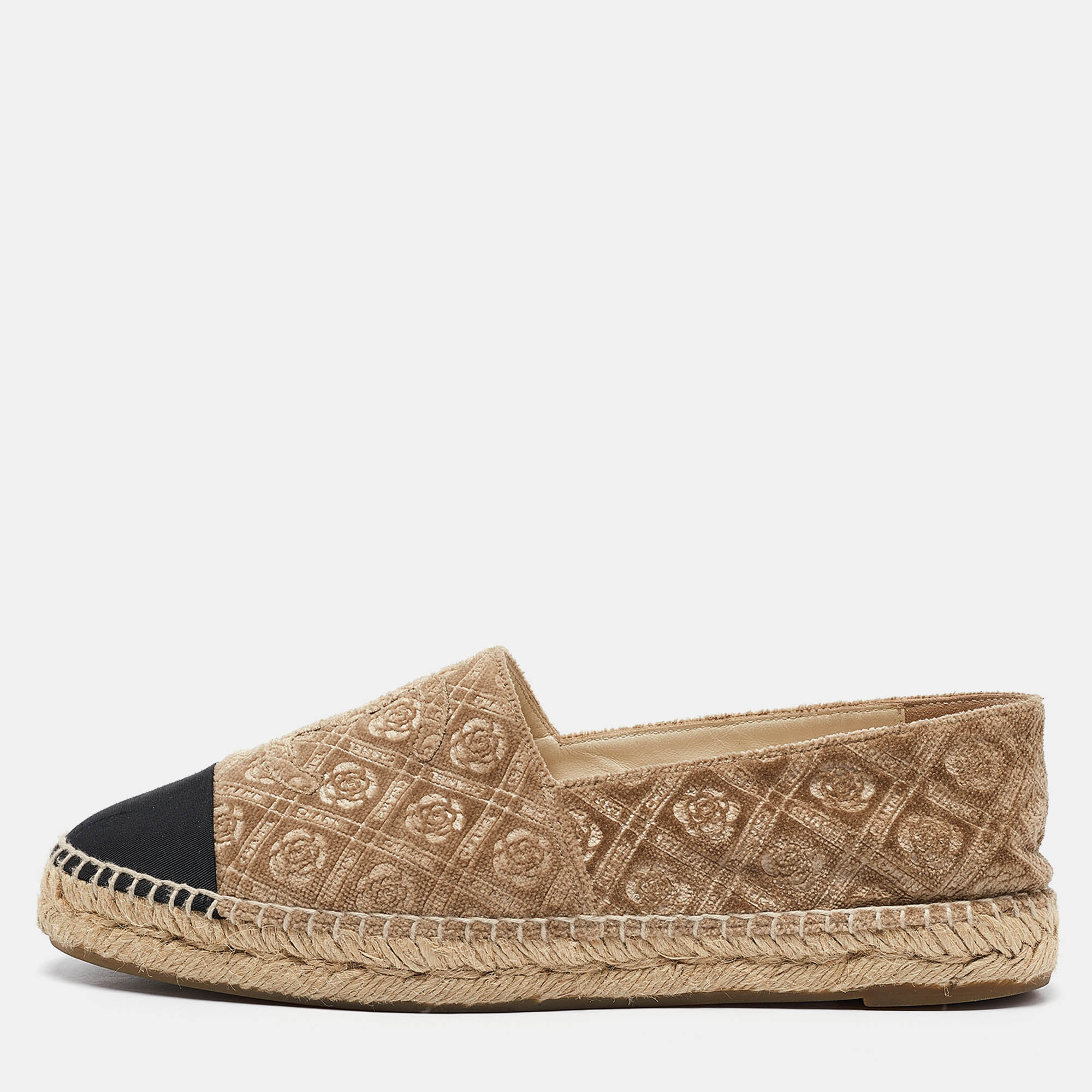 

Chanel Beige/Black Canvas and Velvet Espadrille Flats Size