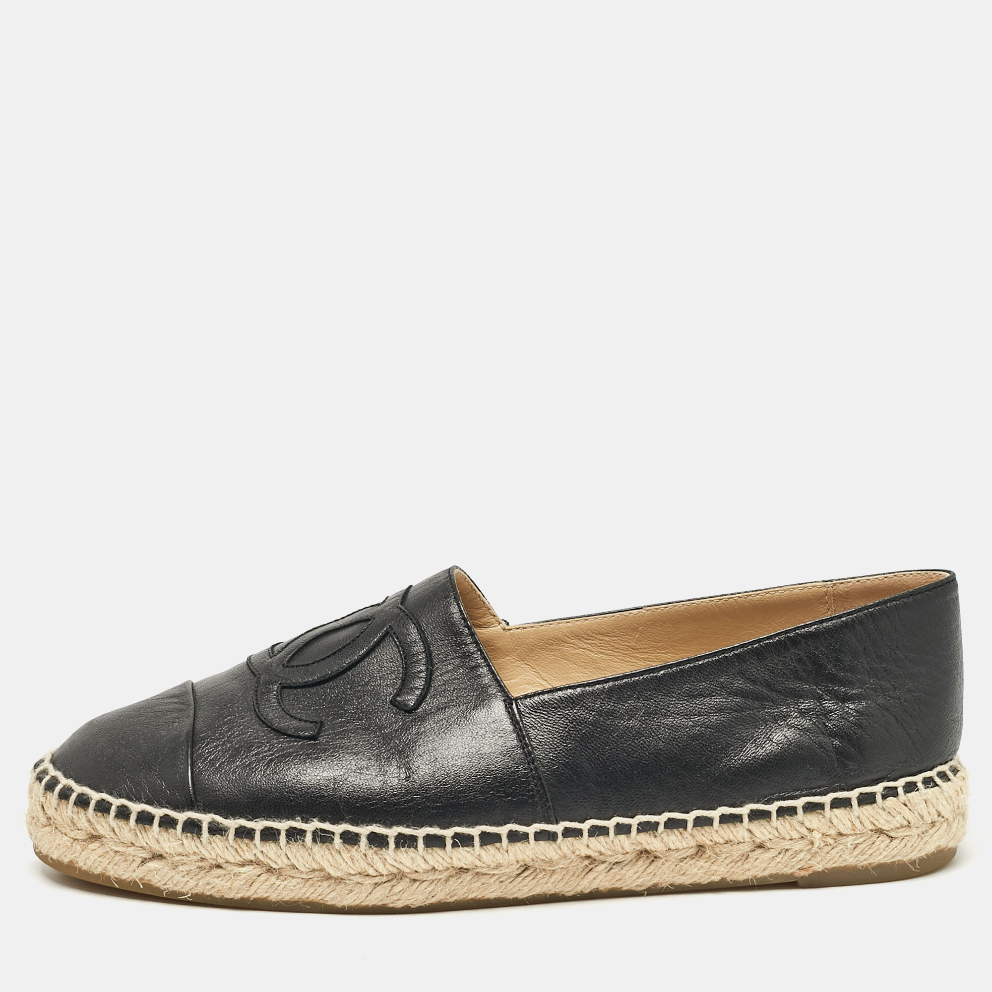 

Chanel Black Leather CC Cap Toe Espadrille Flats Size