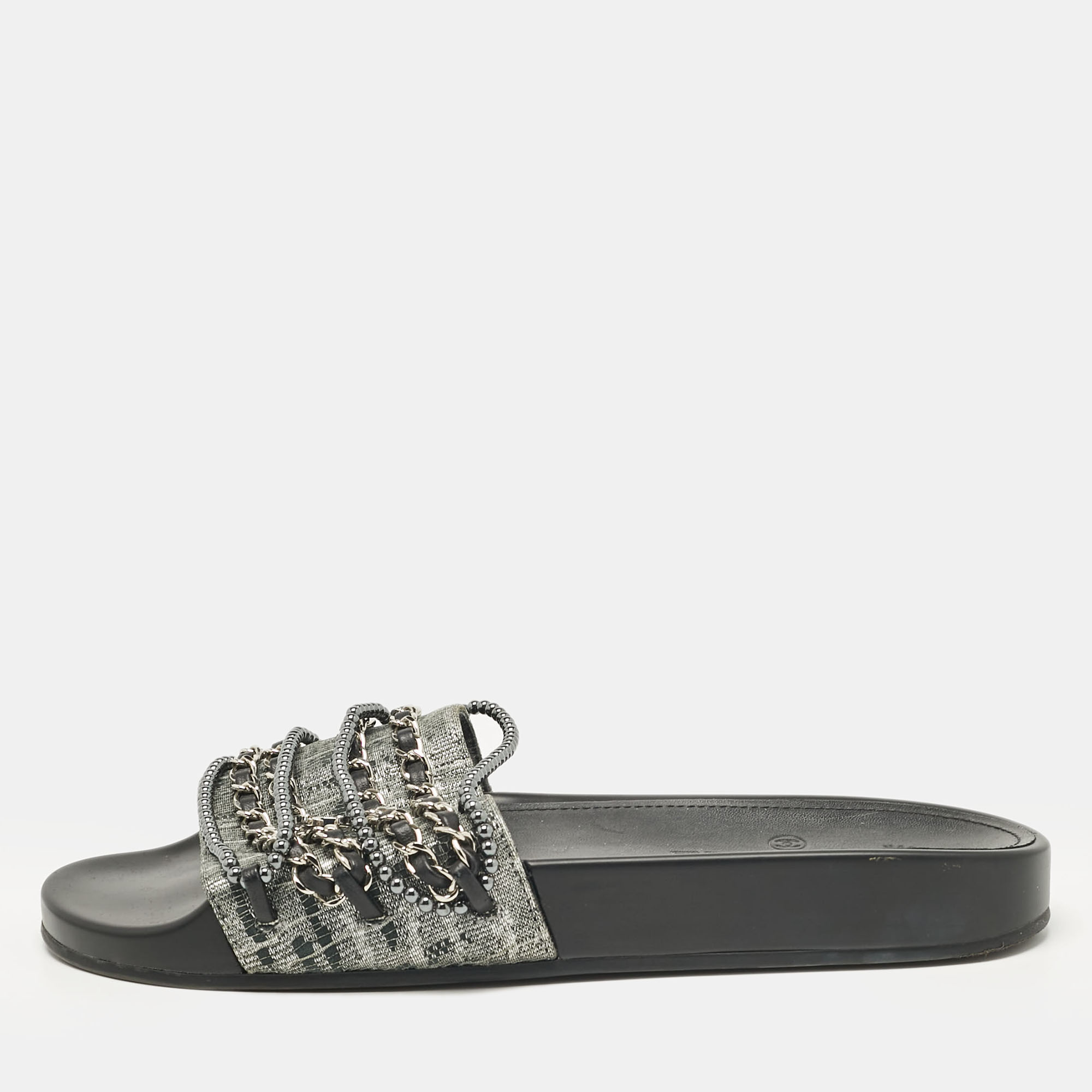 

Chanel Grey Lace and Suede Tropiconic Slides Size