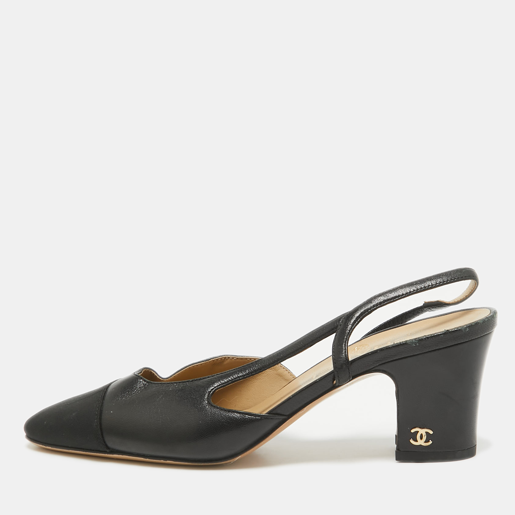 

Chanel Black Leather and Canvas CC Slingback D'orsay Pumps Size