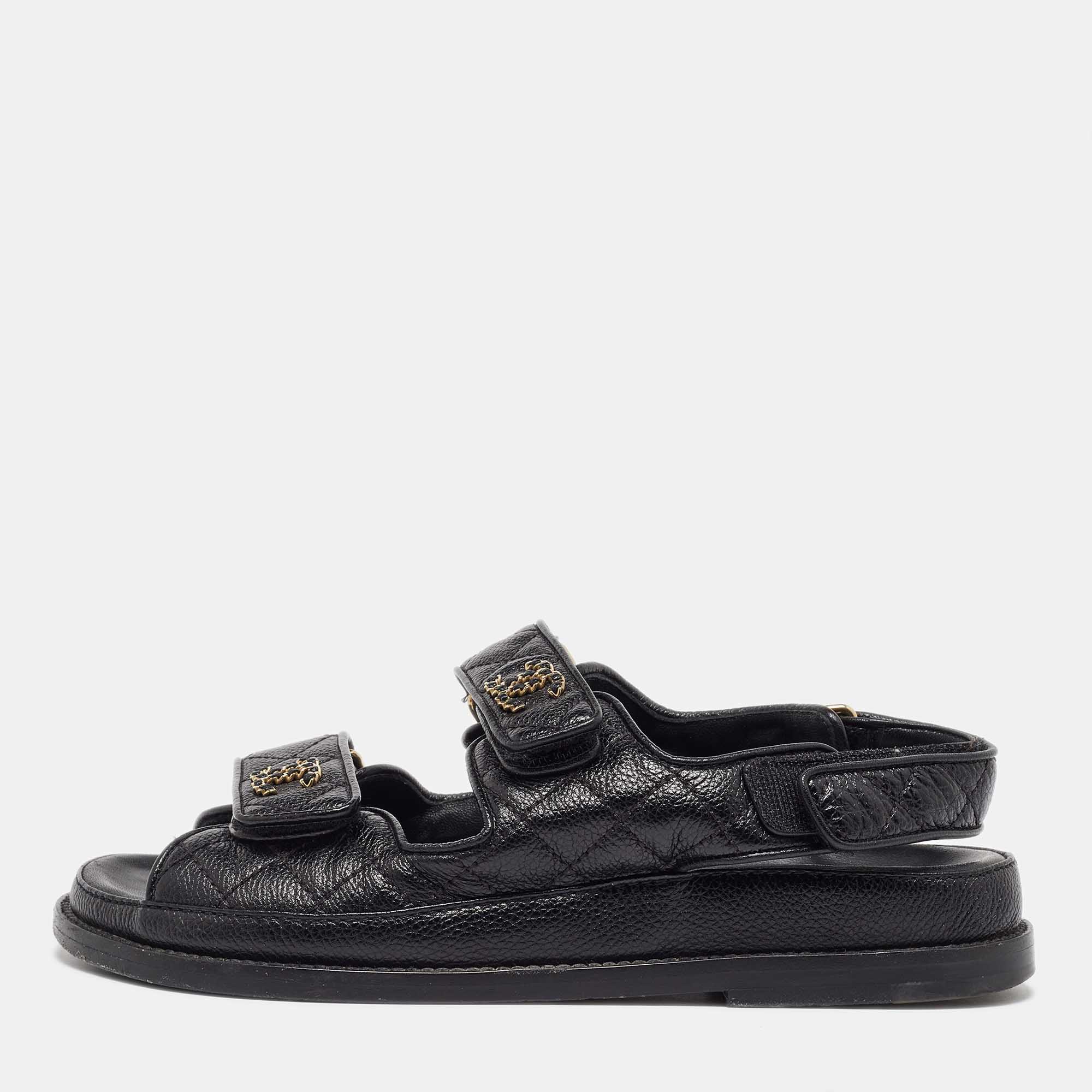 

Chanel Black Quilted Leather Dad Flat Sandals Size