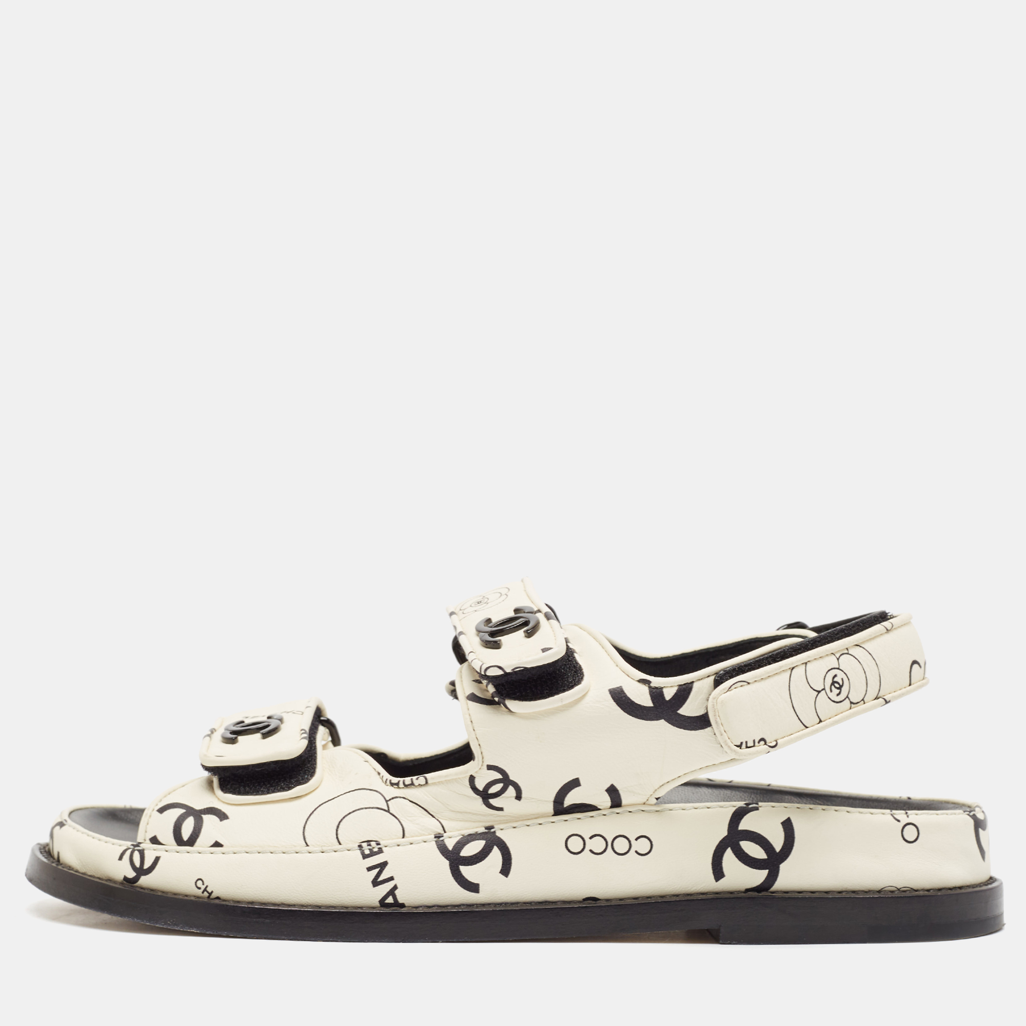 

Chanel Cream/Black CC Leather Dad Flat Sandals Size