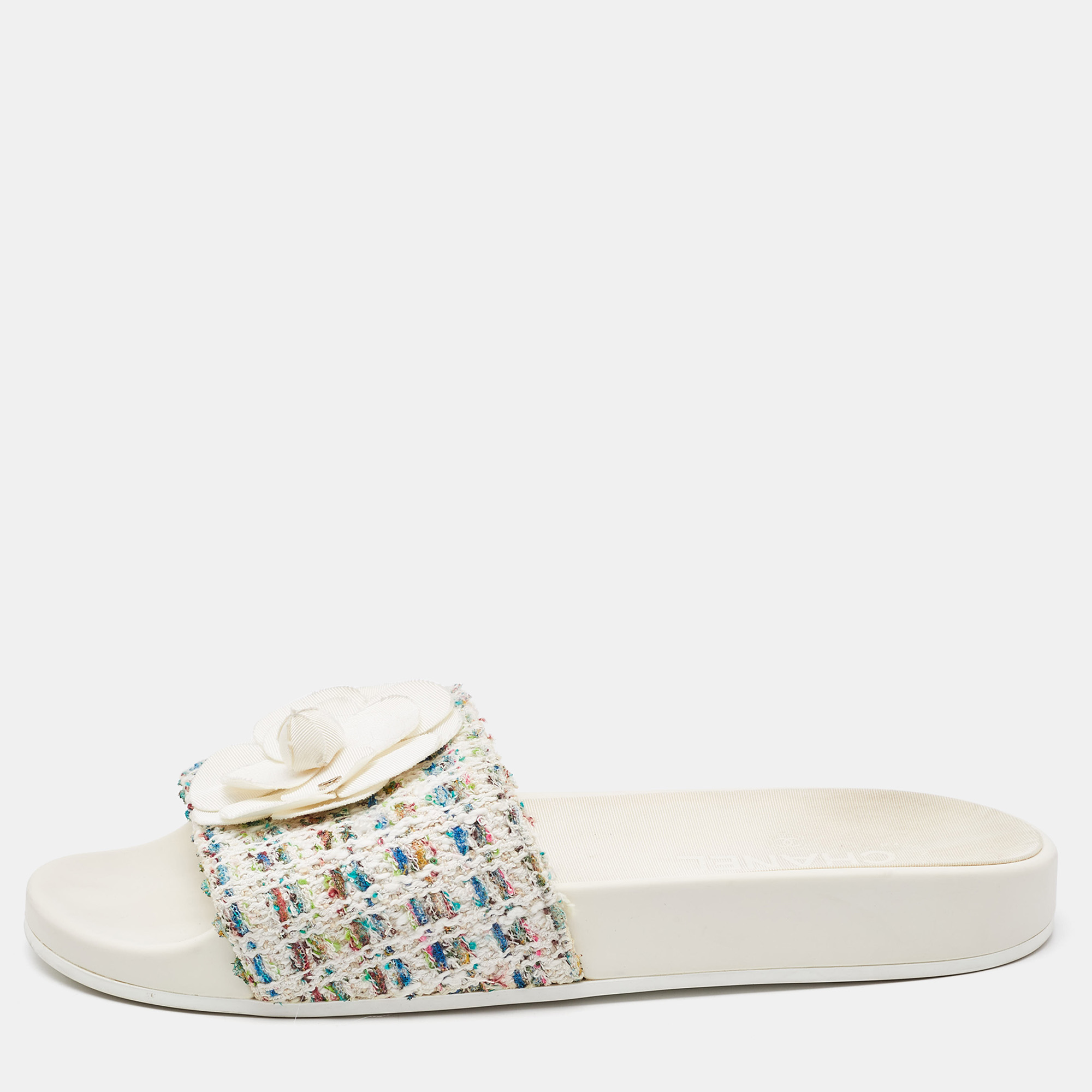 

Chanel Multicolor Camellia Tweed CC Flat Slides Size