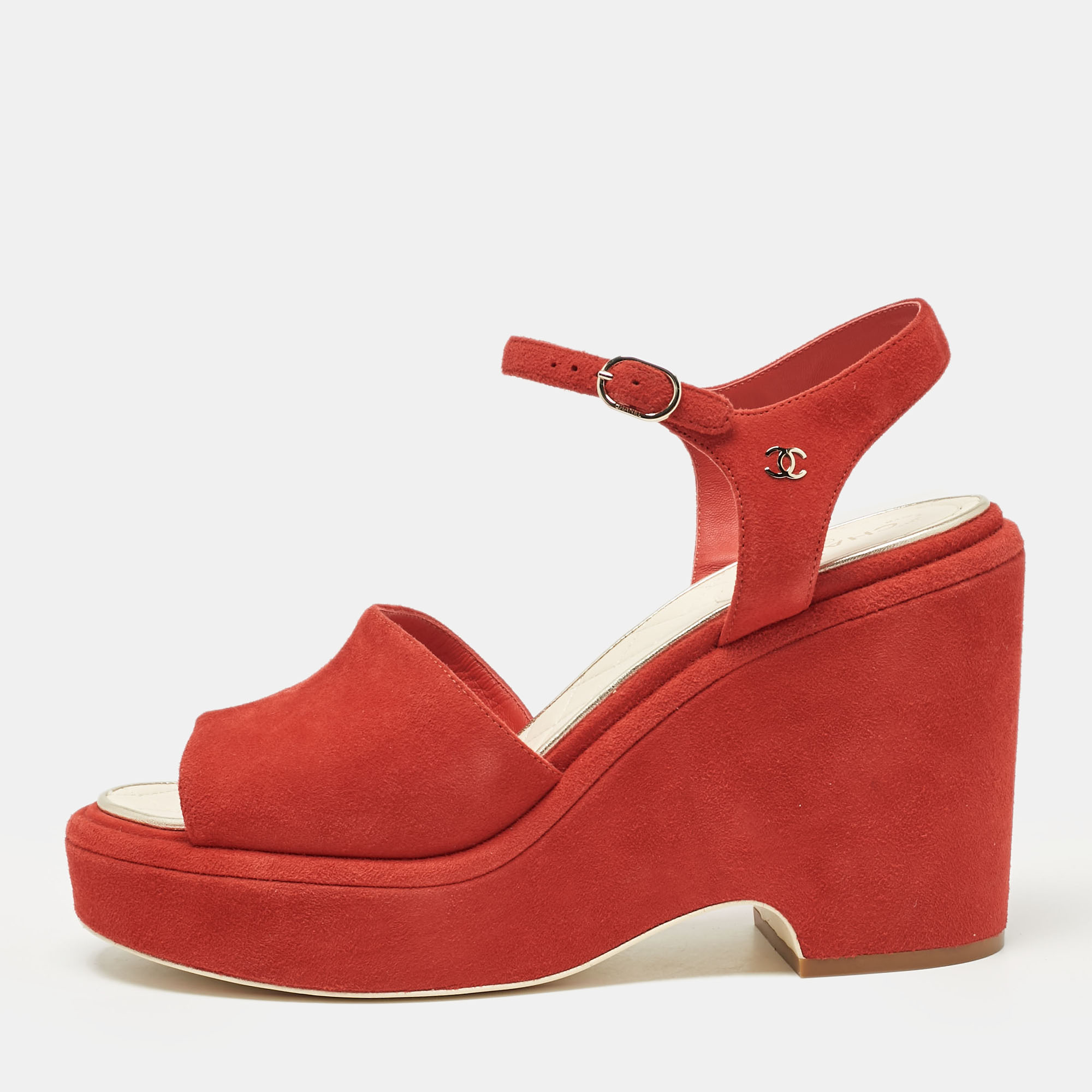 

Chanel Red Suede CC Wedge Sandals Size