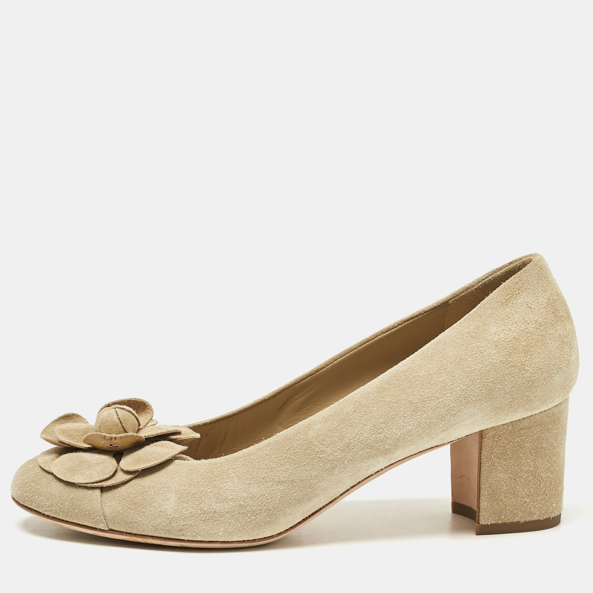 

Chanel Khaki Beige Suede Camellia Cap Toe Block Heel Pumps Size