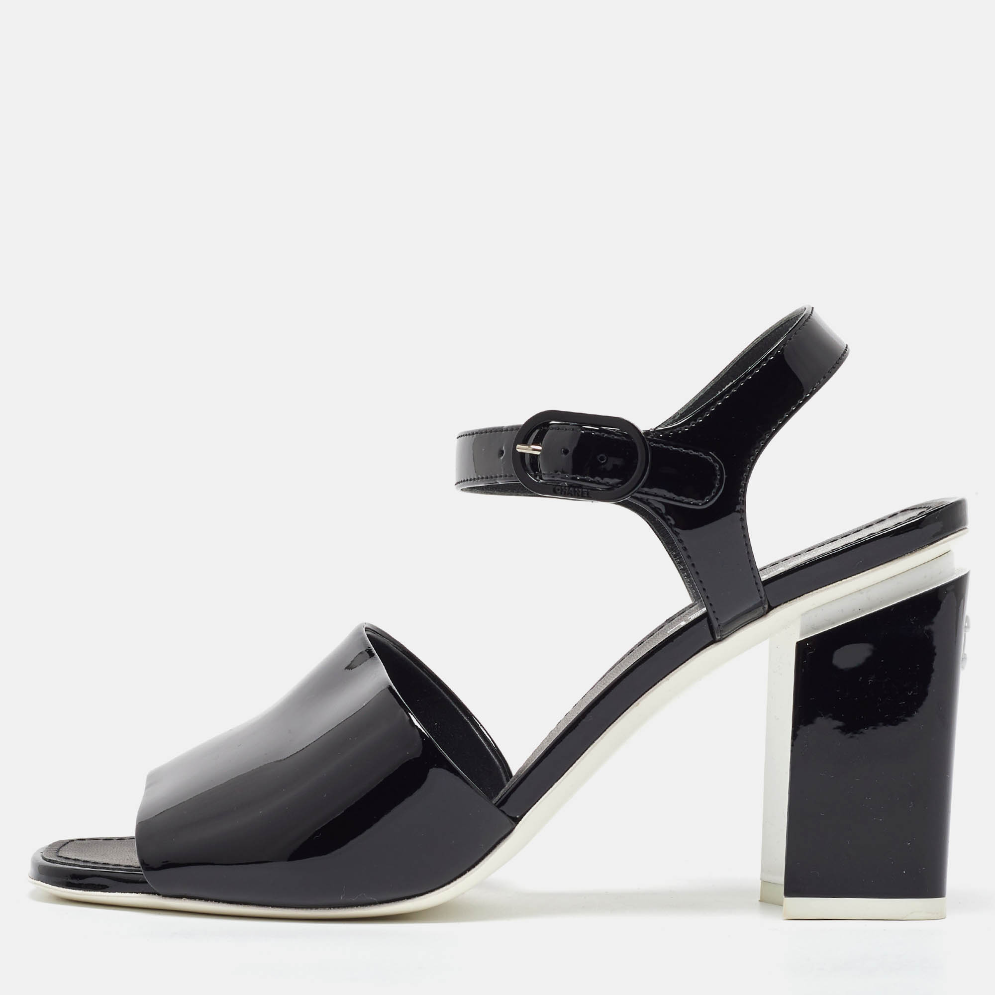 

Chanel Black Patent Leather CC Block Heel Ankle Strap Sandals