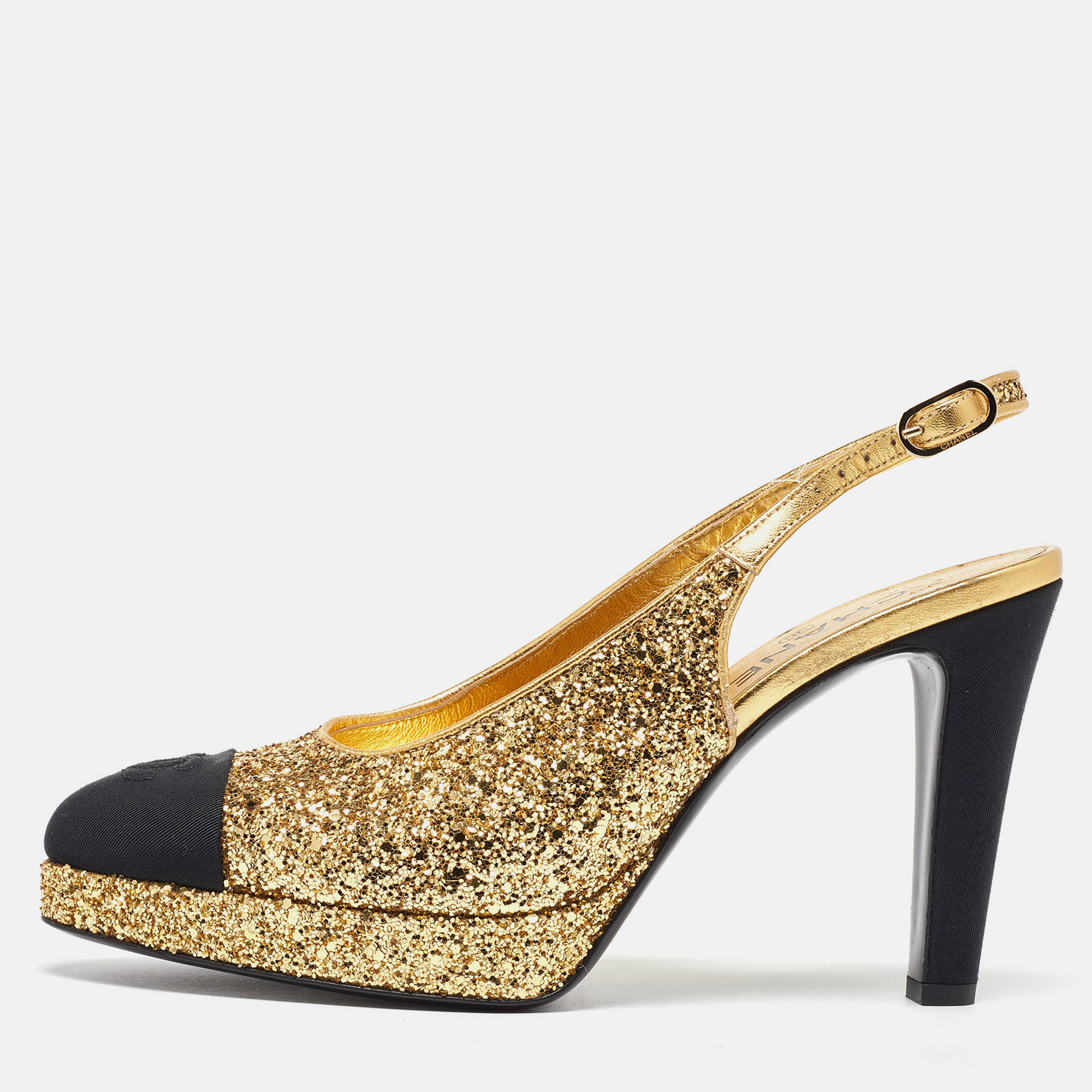 

Chanel Gold/Black Glitter and Fabric Cap Toe Platform Slingback Pumps Size