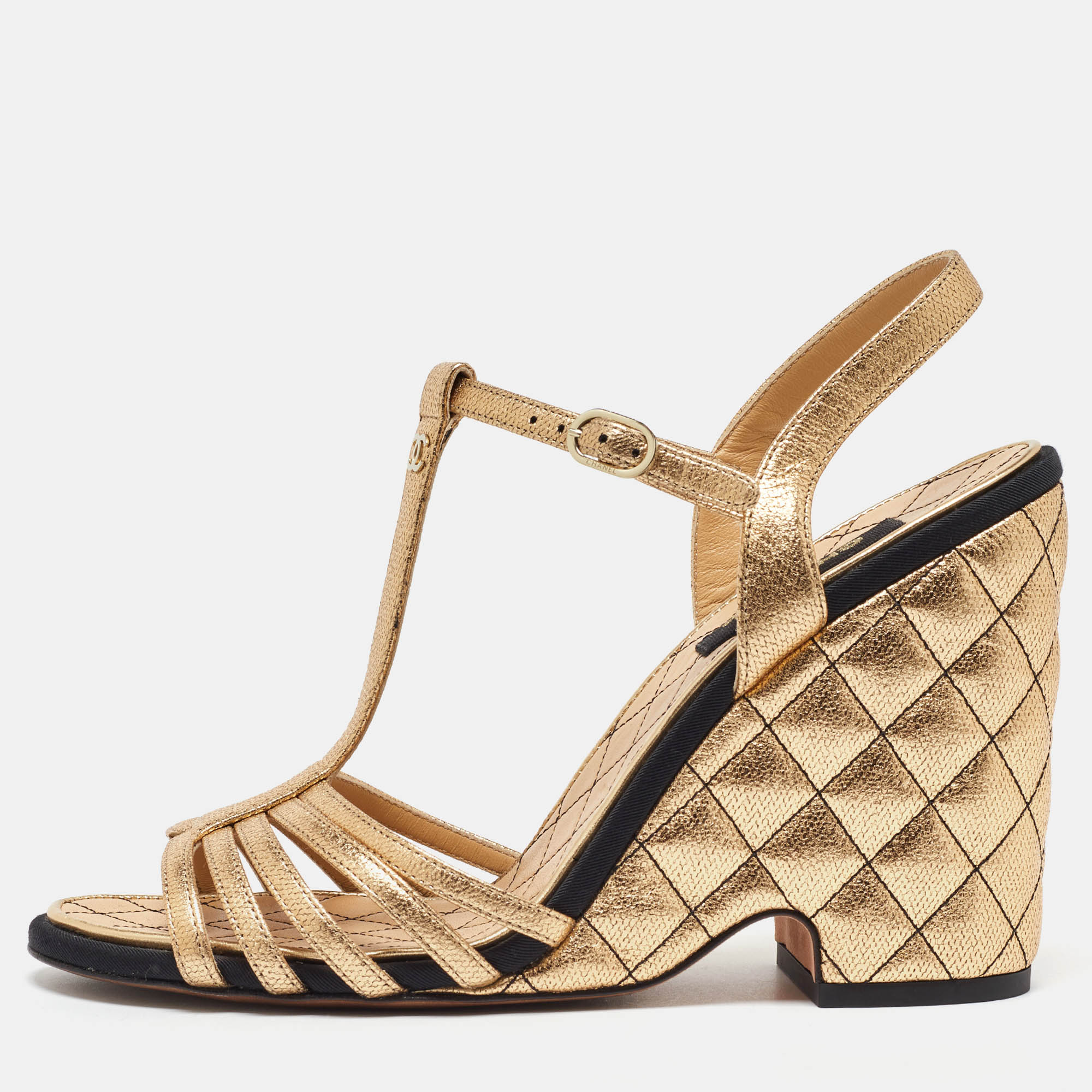 

Chanel Gold Leather CC Interlocking Quilted Wedge Sandals Size