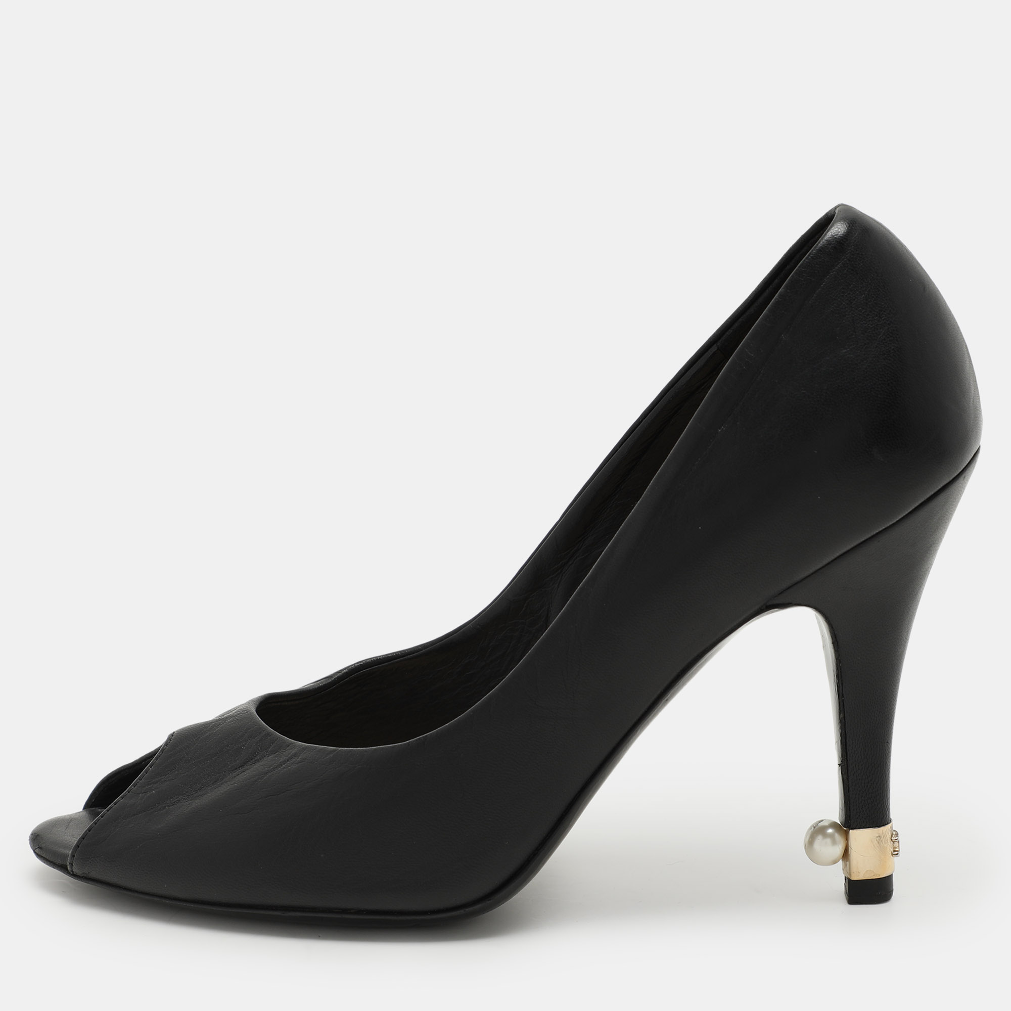 

Chanel Black Leather CC Embellished Peep Toe Pumps Size