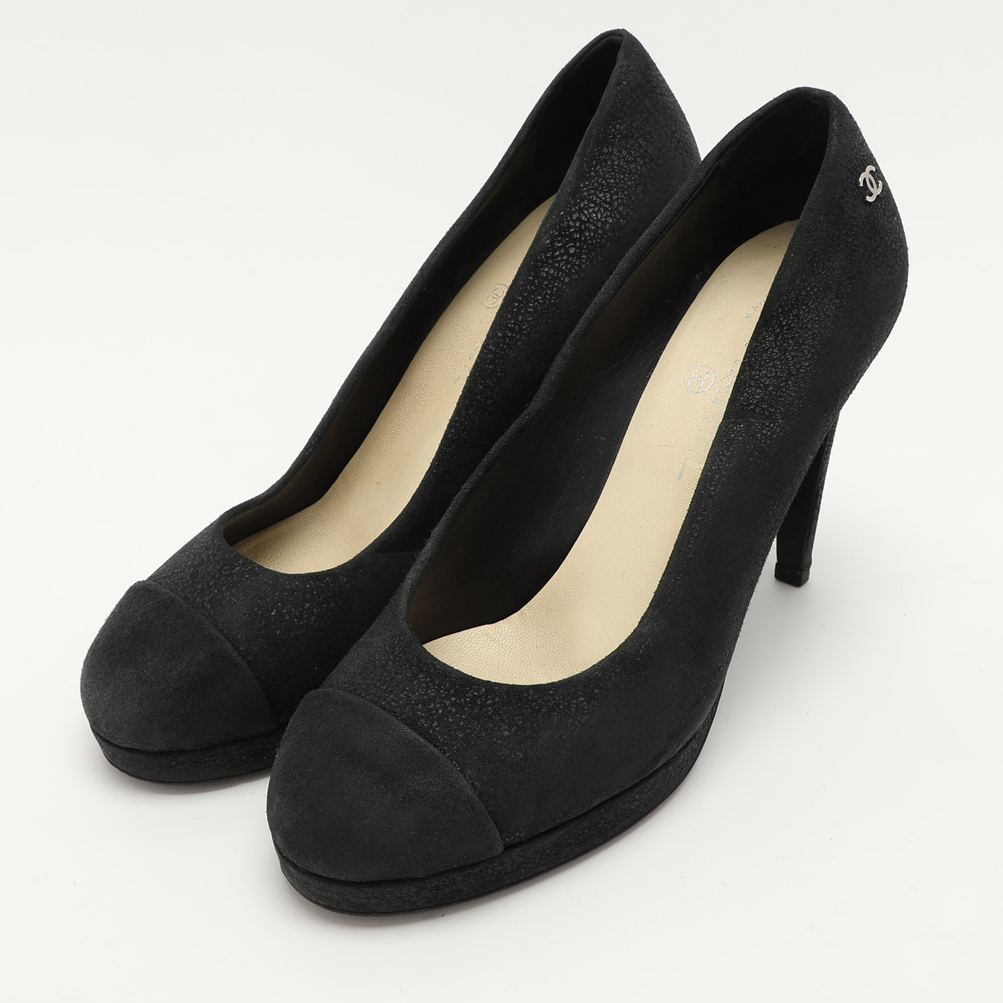 Chanel Black Suede CC Pumps Size 38.5 