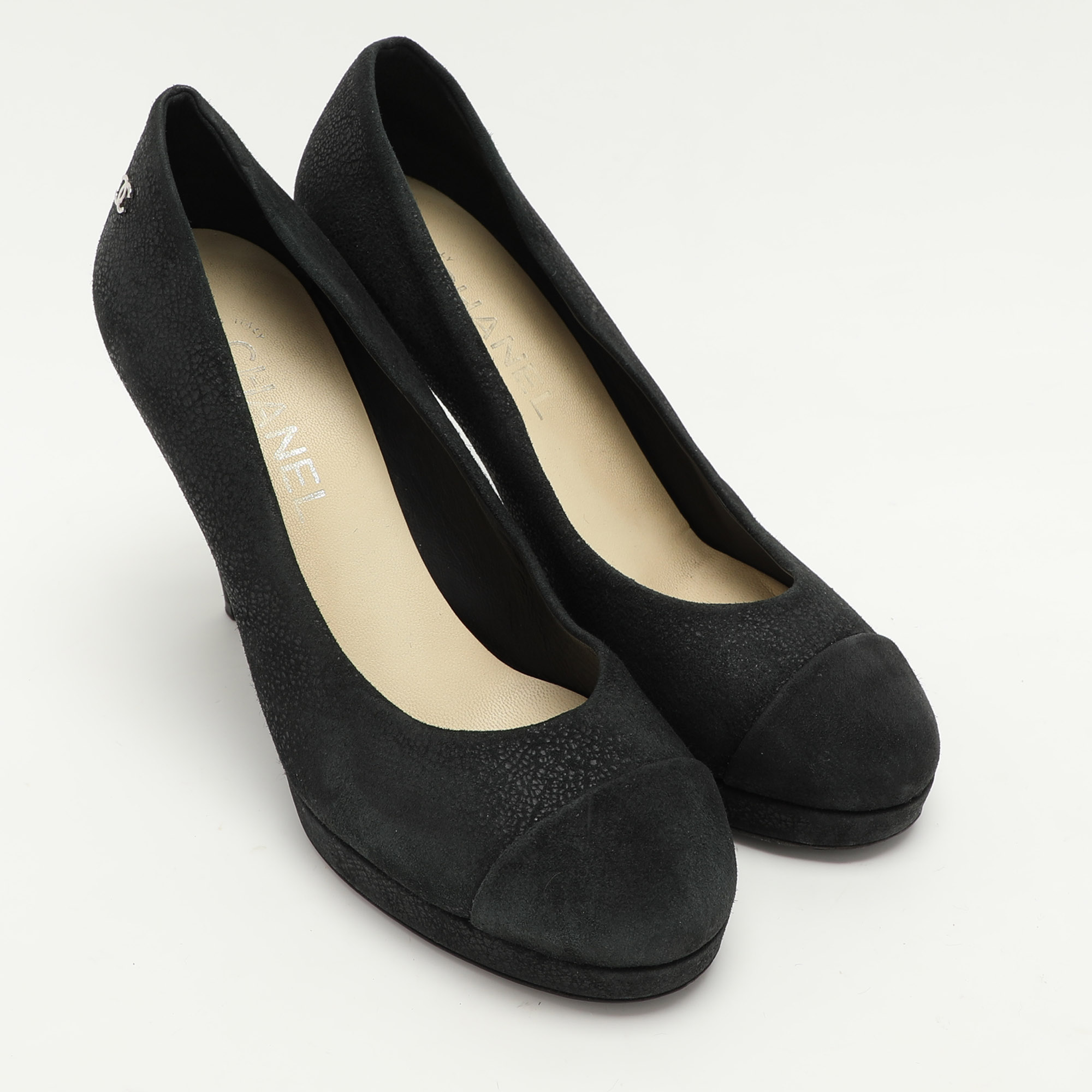 Chanel Black Suede CC Pumps Size 38.5 