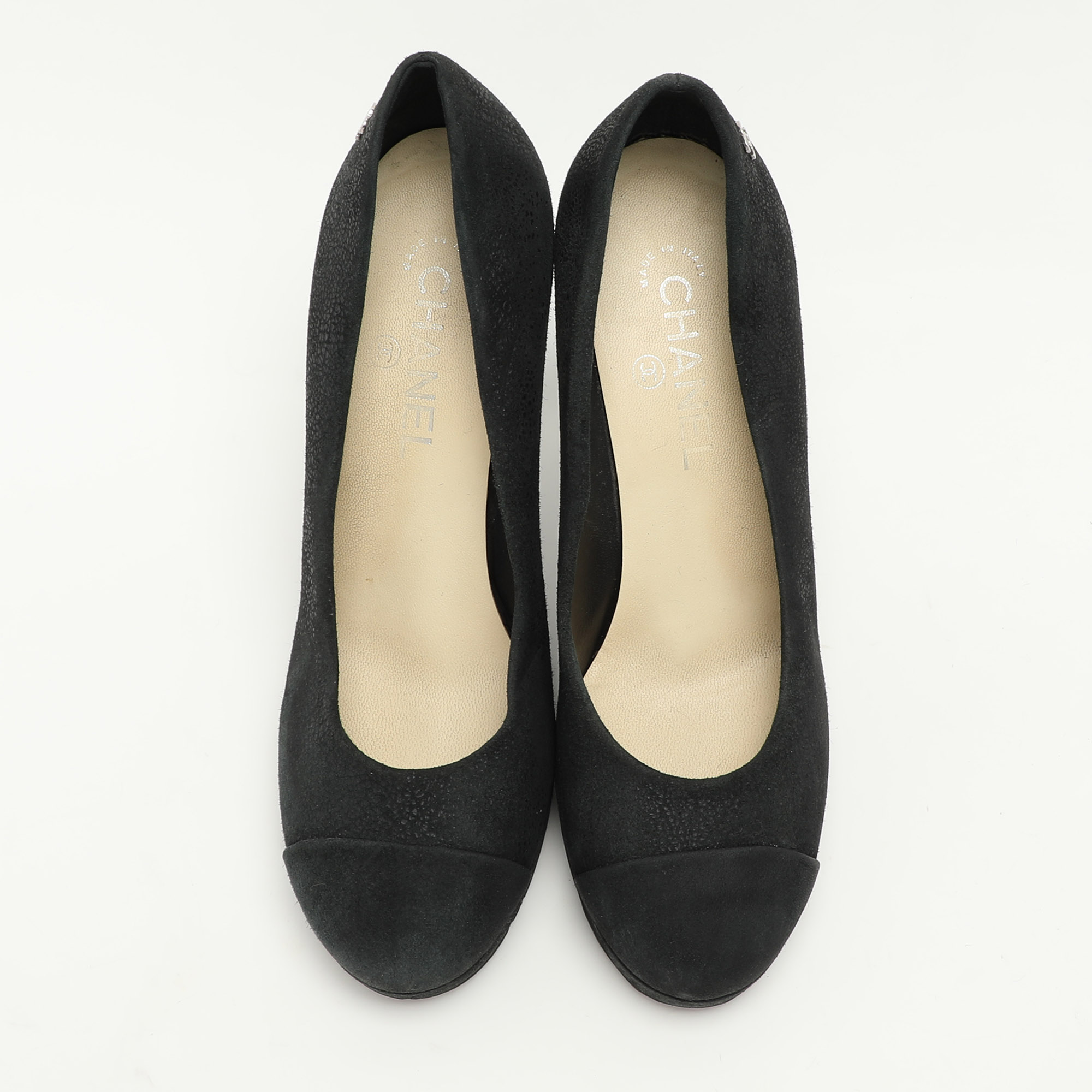 Chanel Black Suede CC Pumps Size 38.5 