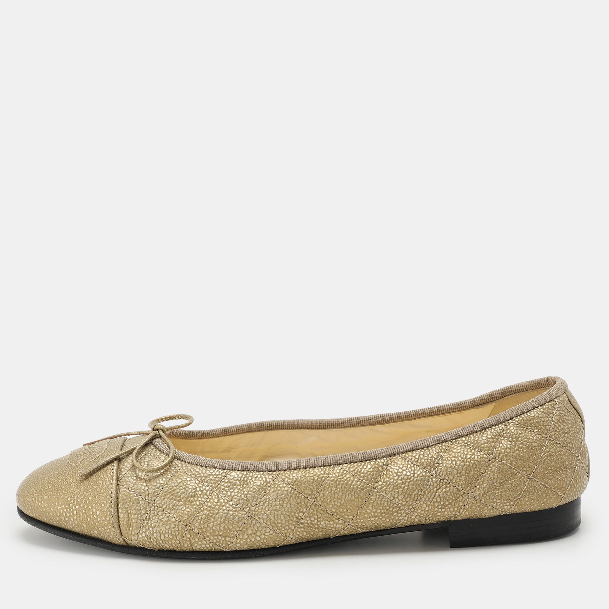 

Chanel Gold Quilted Caviar Leather CC Ballet Flats Size