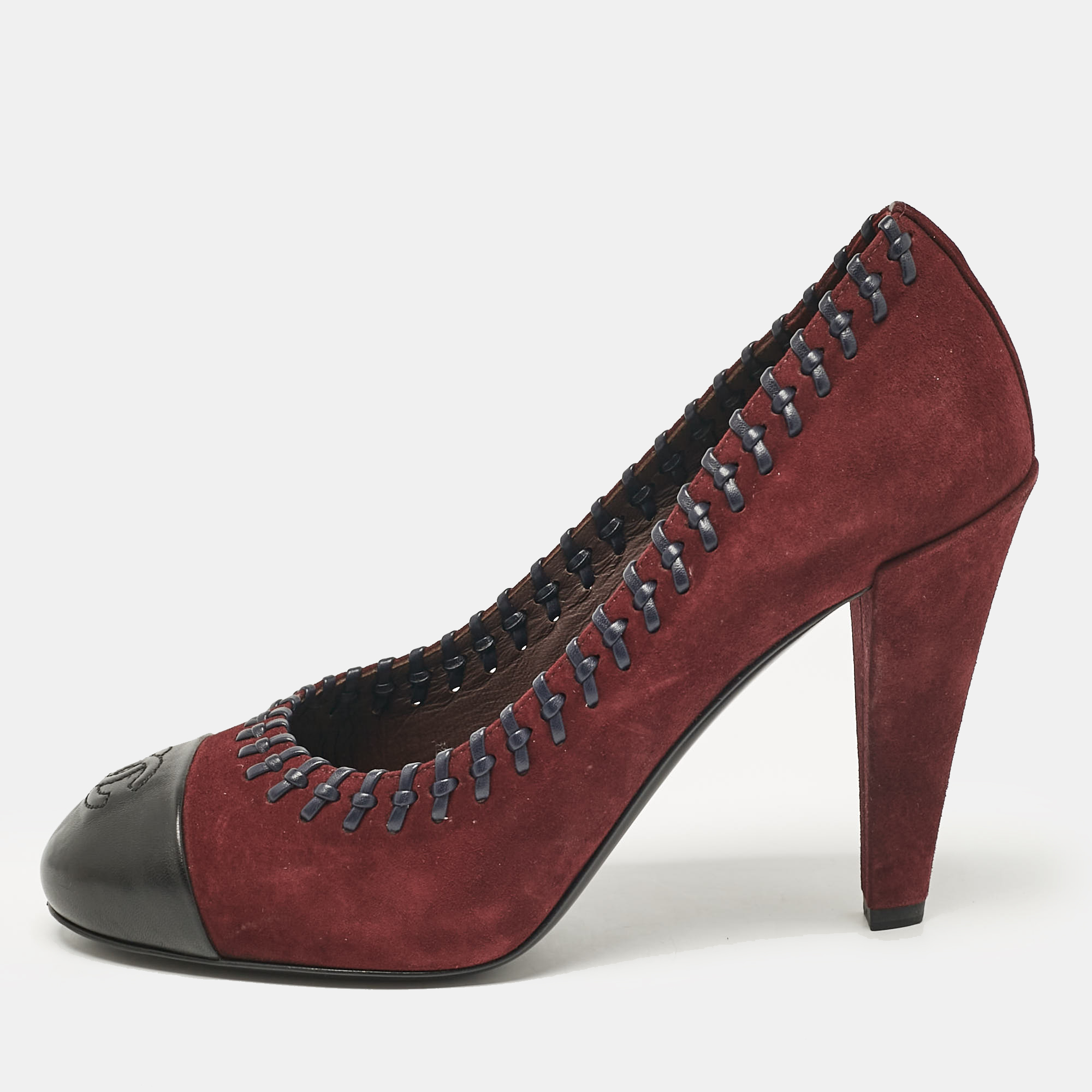 

Chanel Burgundy/Black Suede and Leather CC Platform Pumps Size