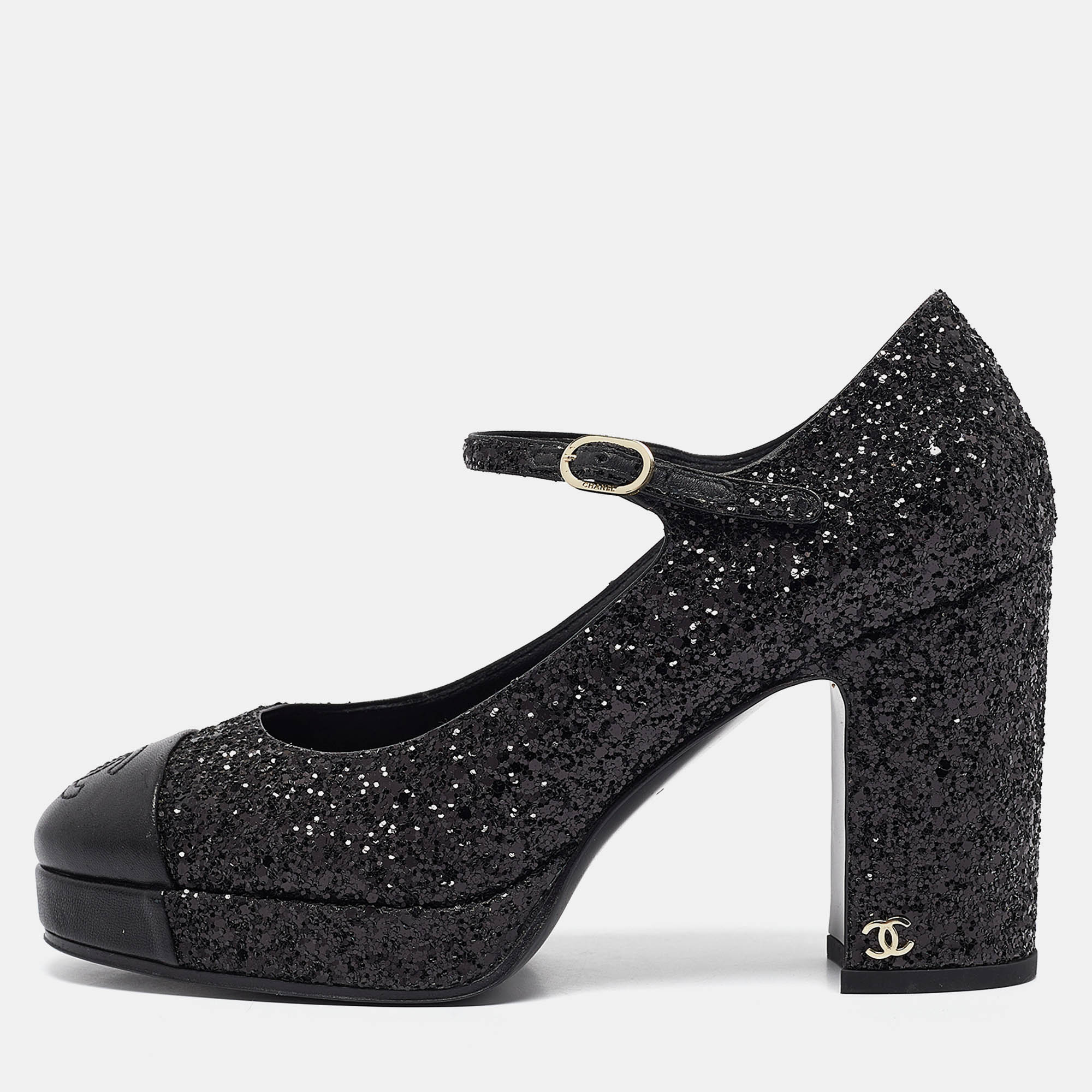 

Chanel Black Glitter and Leather CC Platform Mary Jane Pumps Size