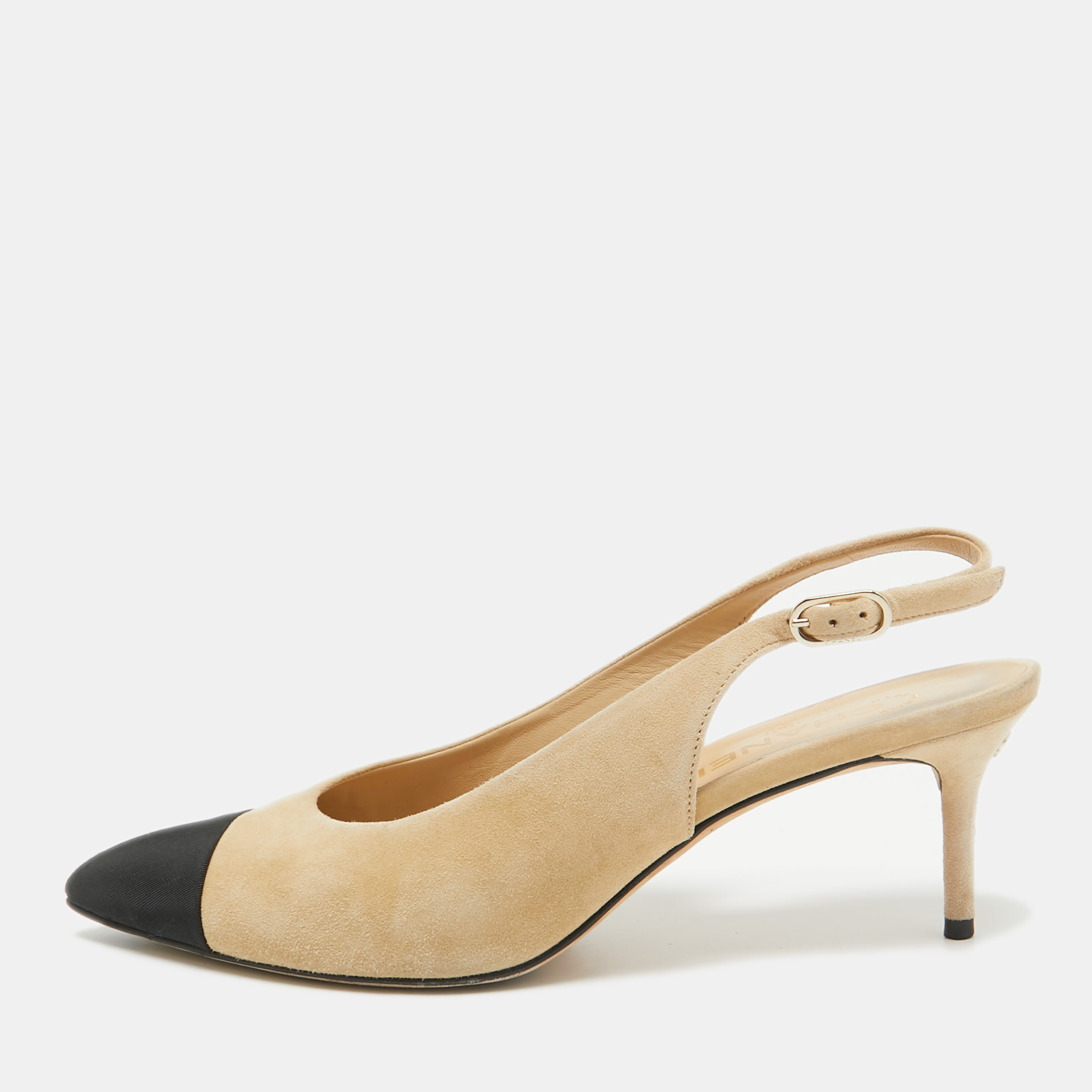 

Chanel Beige/Black Leather and Suede Cap Toe Slingback Pumps Size