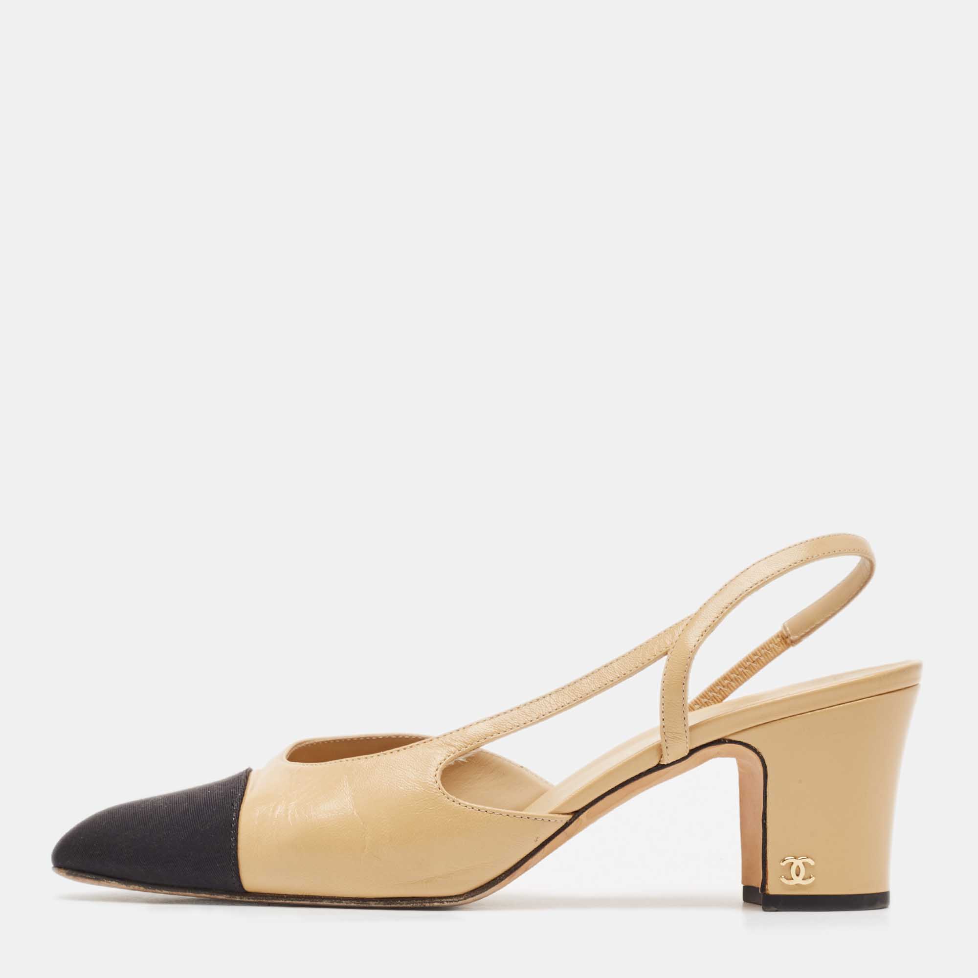 

Chanel Beige/Black Leather and Canvas CC Slingback Pumps Size