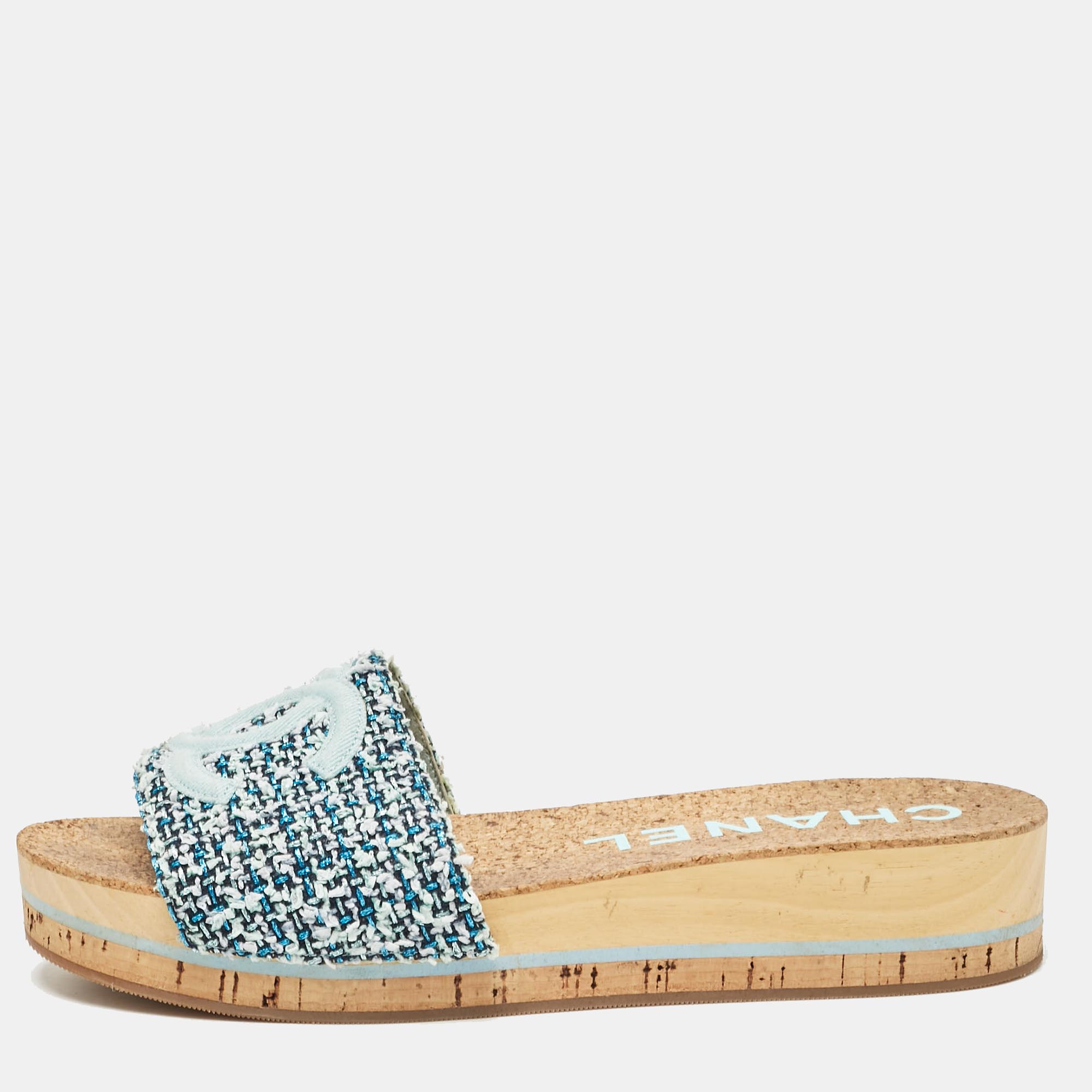 

Chanel Blue Tweed CC Platform Slides Size