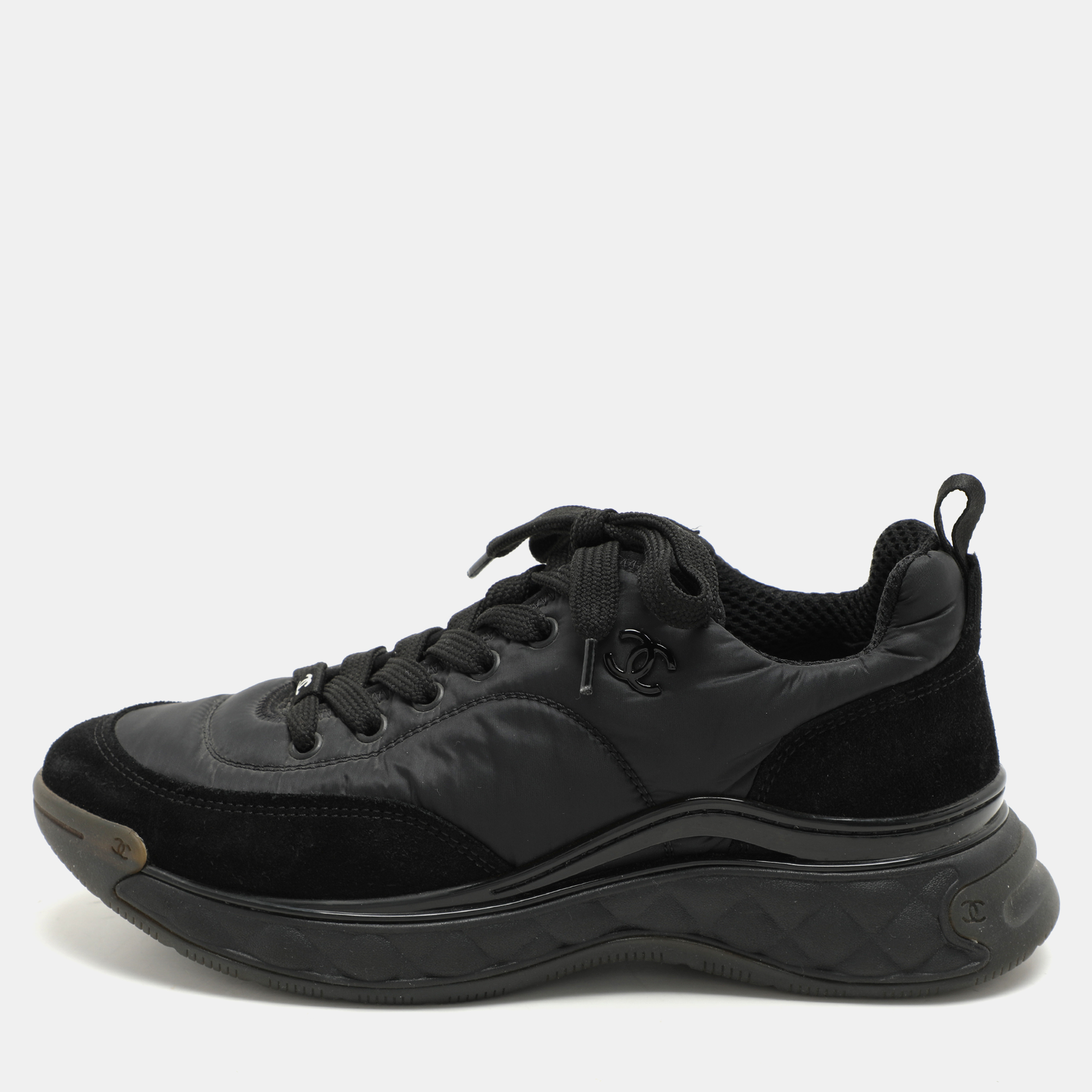 

Chanel Black Nylon and Suede CC Low Top Sneakers Size