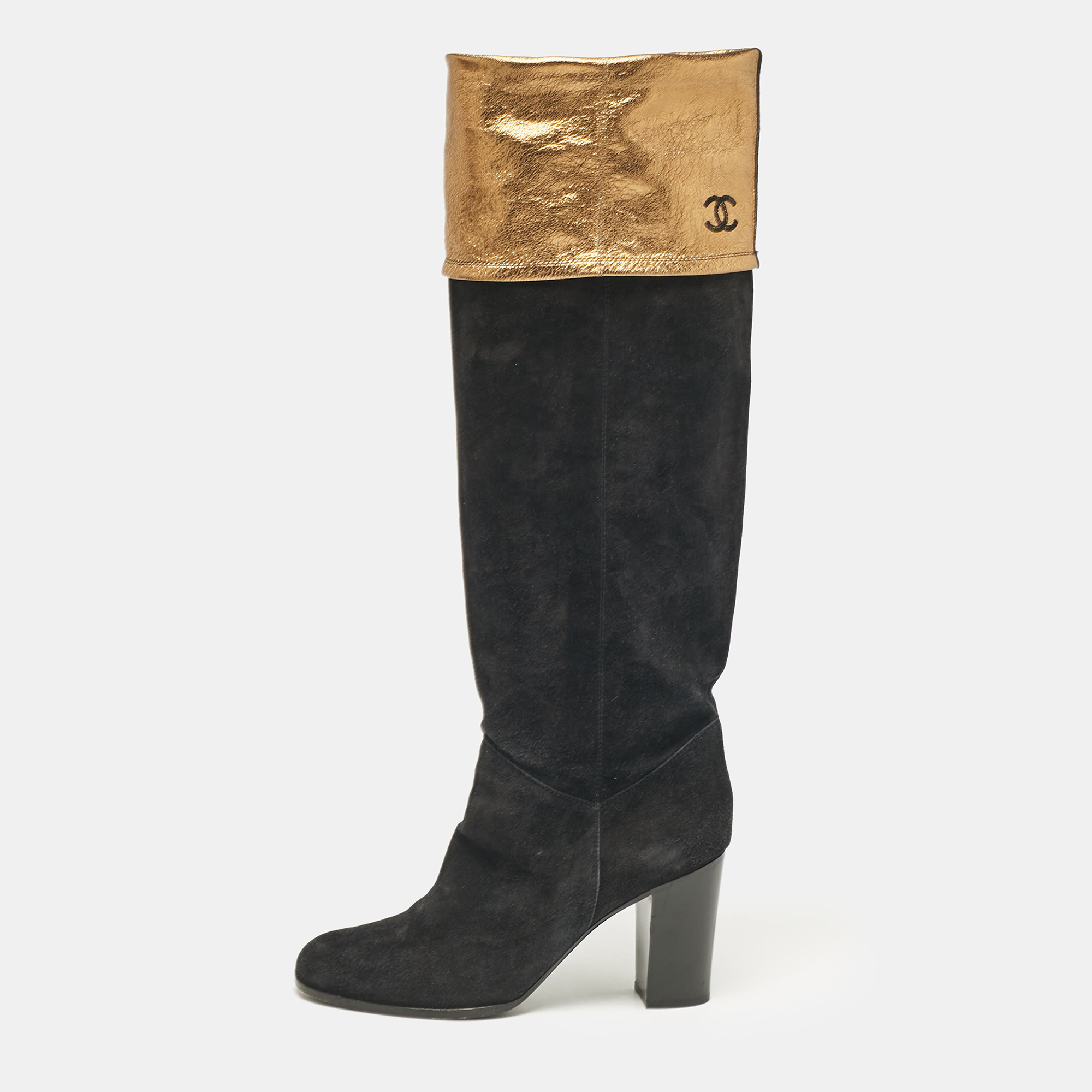 

Chanel Black Suede CC Knee Length Boots Size