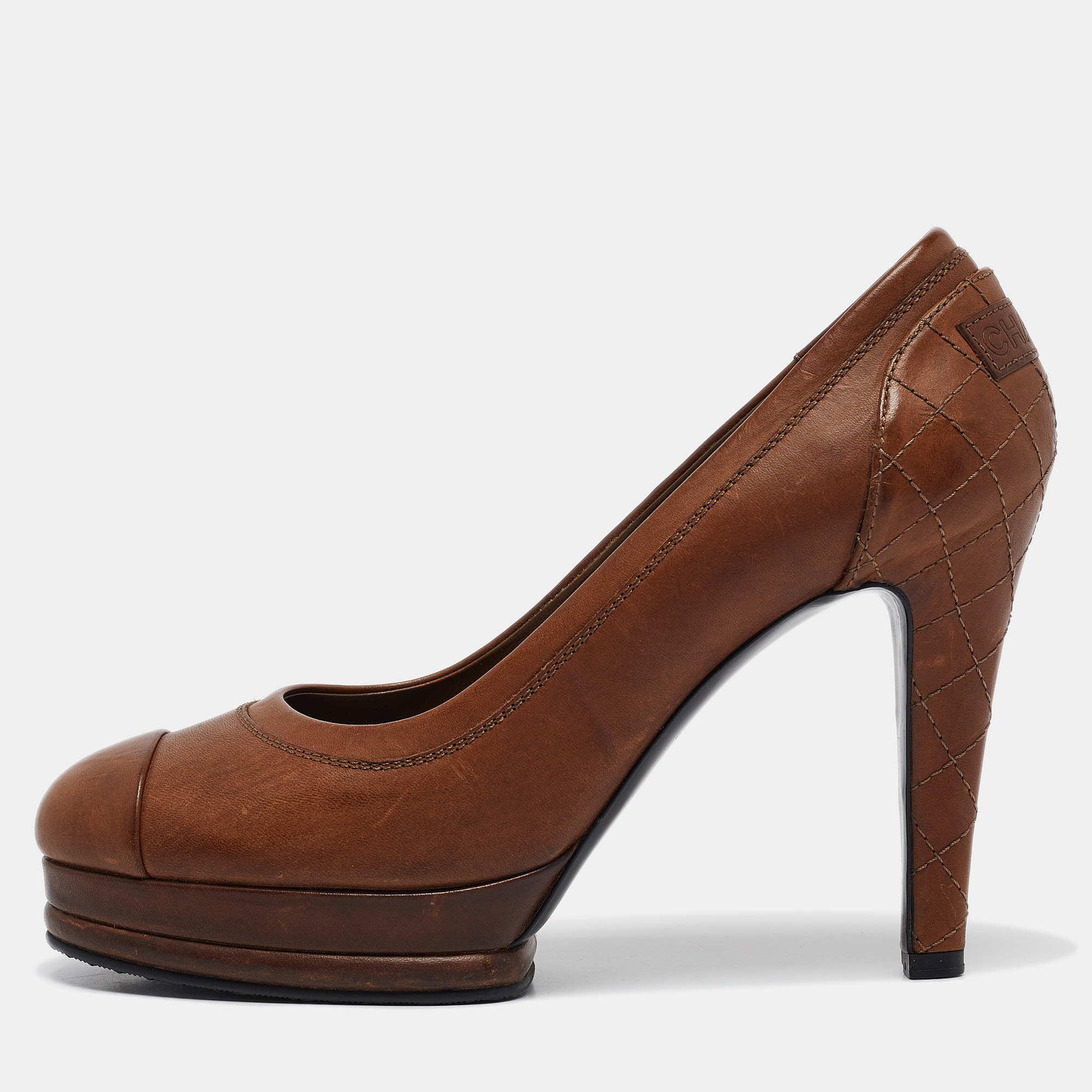 

Chanel Brown Leather Platform Cap Toe Pumps Size