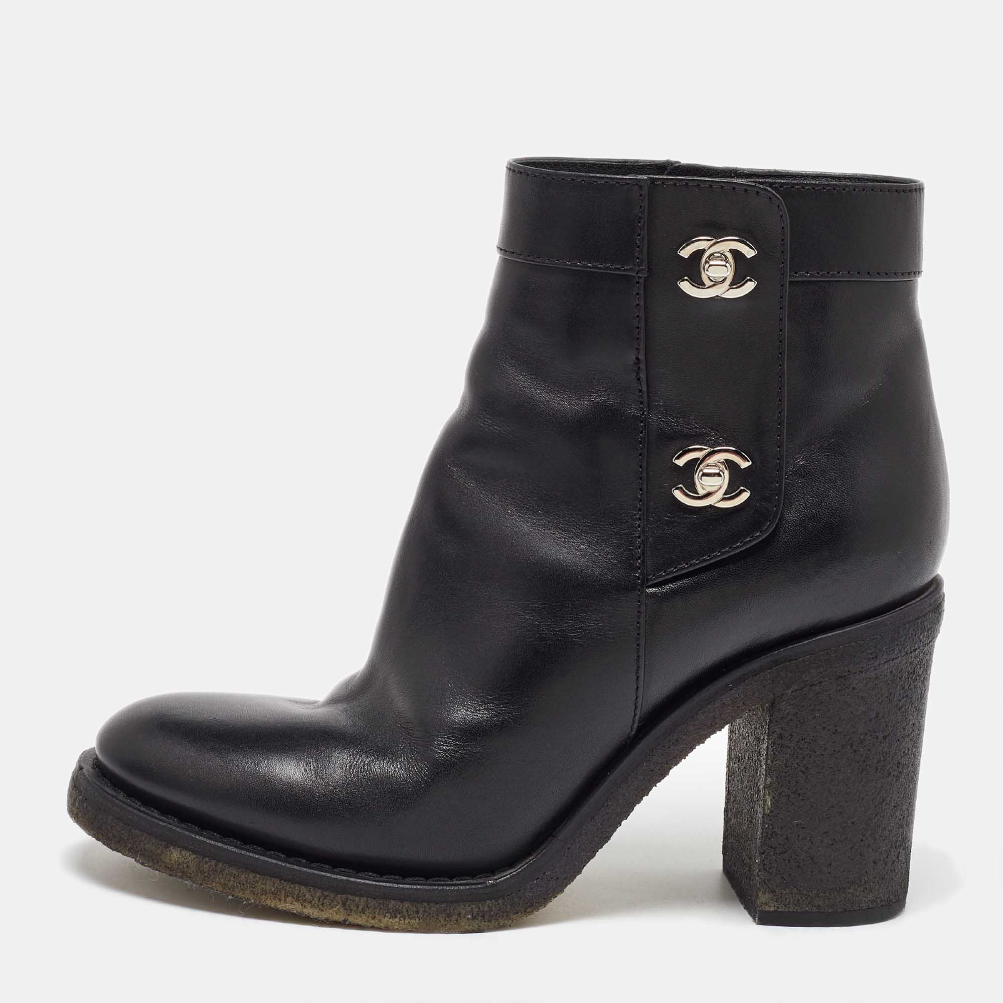 

Chanel Black Leather CC Turn-Lock Block Heel Ankle Boots Size