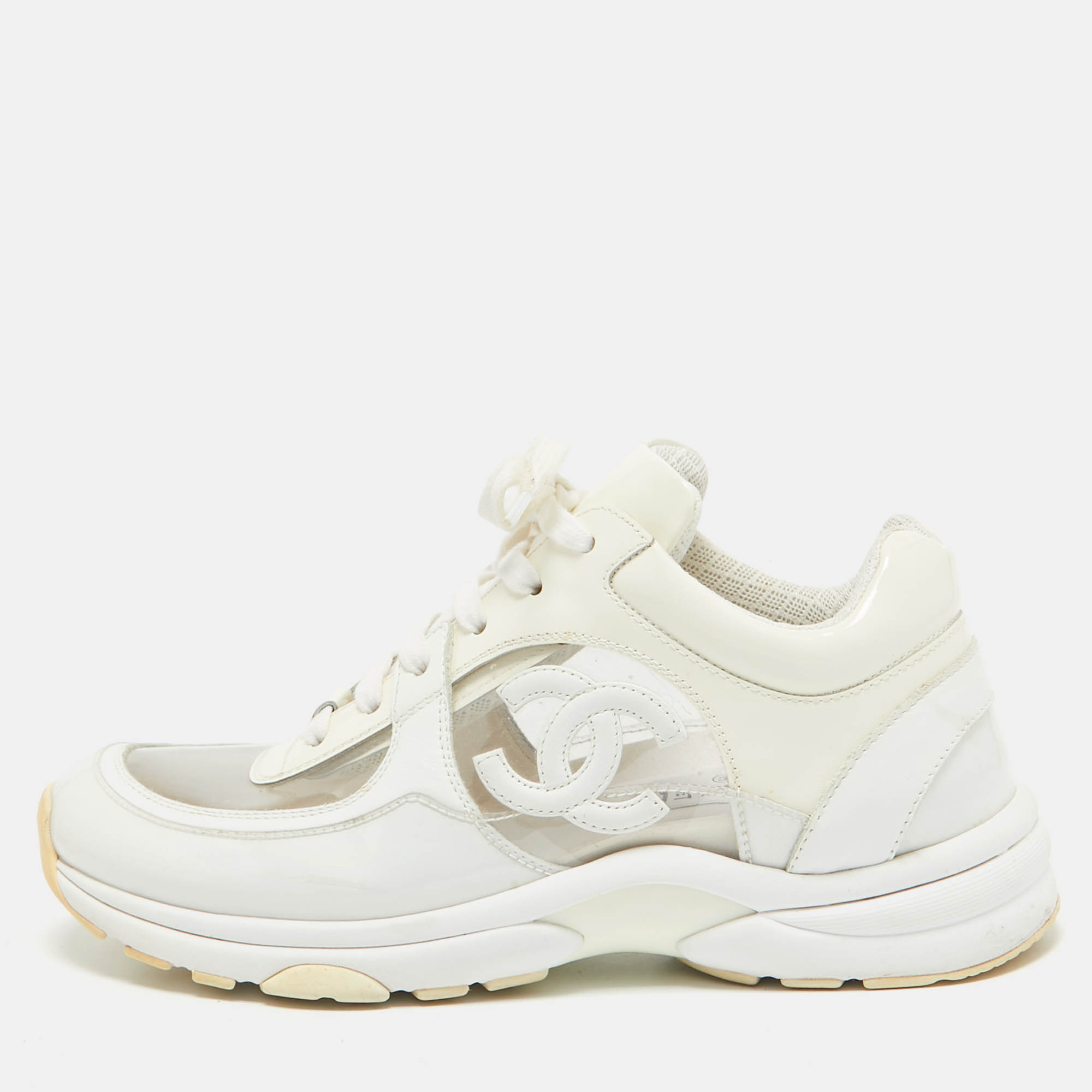 

Chanel White Leather and Patent Leather CC Lace Up Sneakers Size