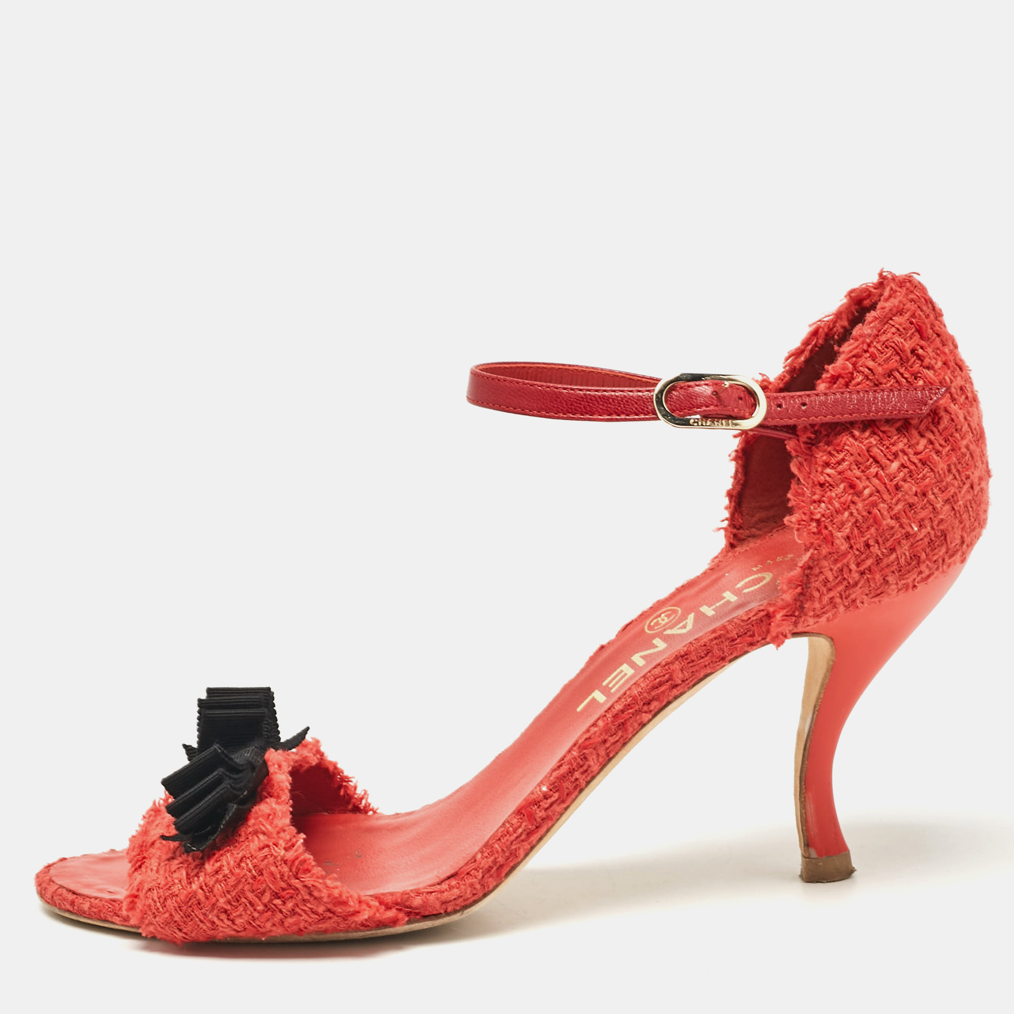 

Chanel Red Tweed CC Bow Ankle Strap Sandals Size